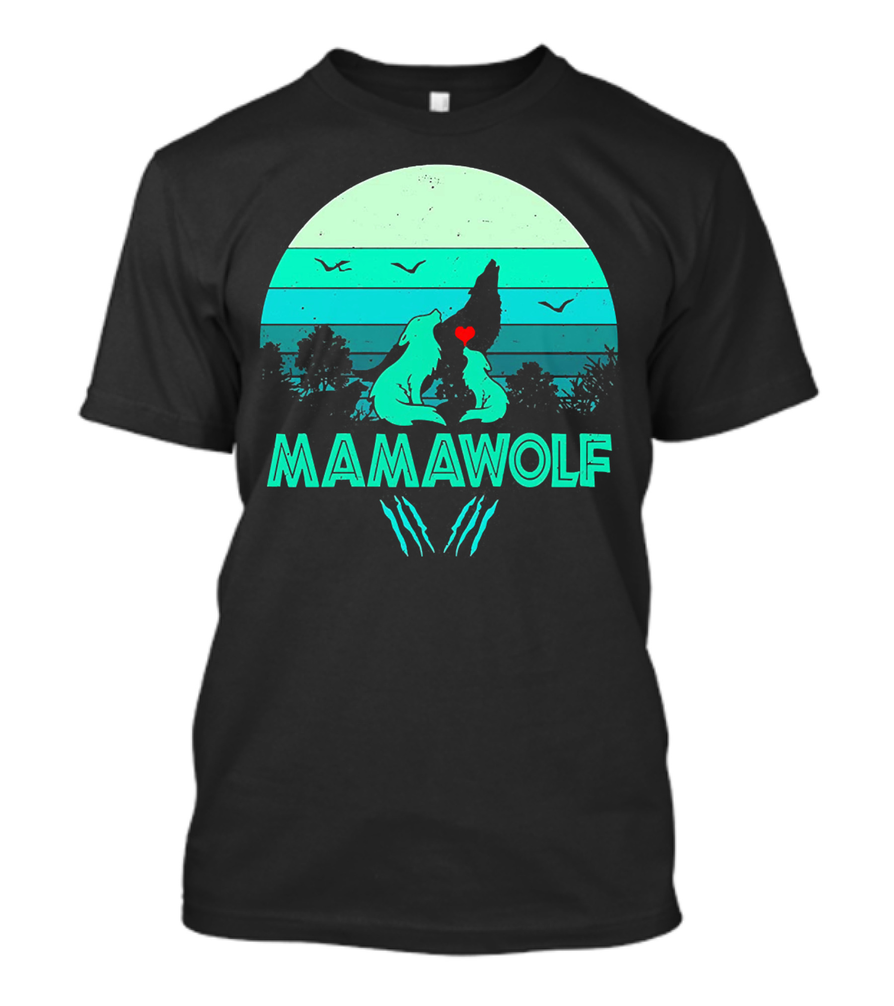 MAMAWOLF Babies Mom Vintage Wolf Heart Moon T-Shirt