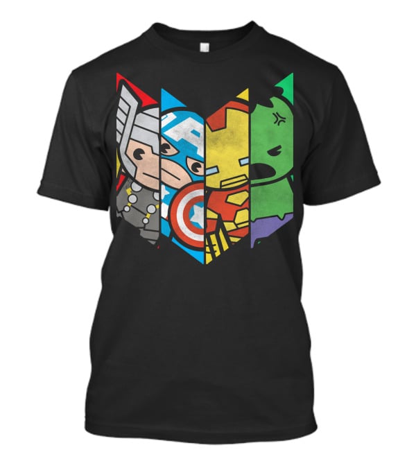 Marvel Avengers Cartoon Thor Captain America Iron Man Hulk Shield T-Shirt