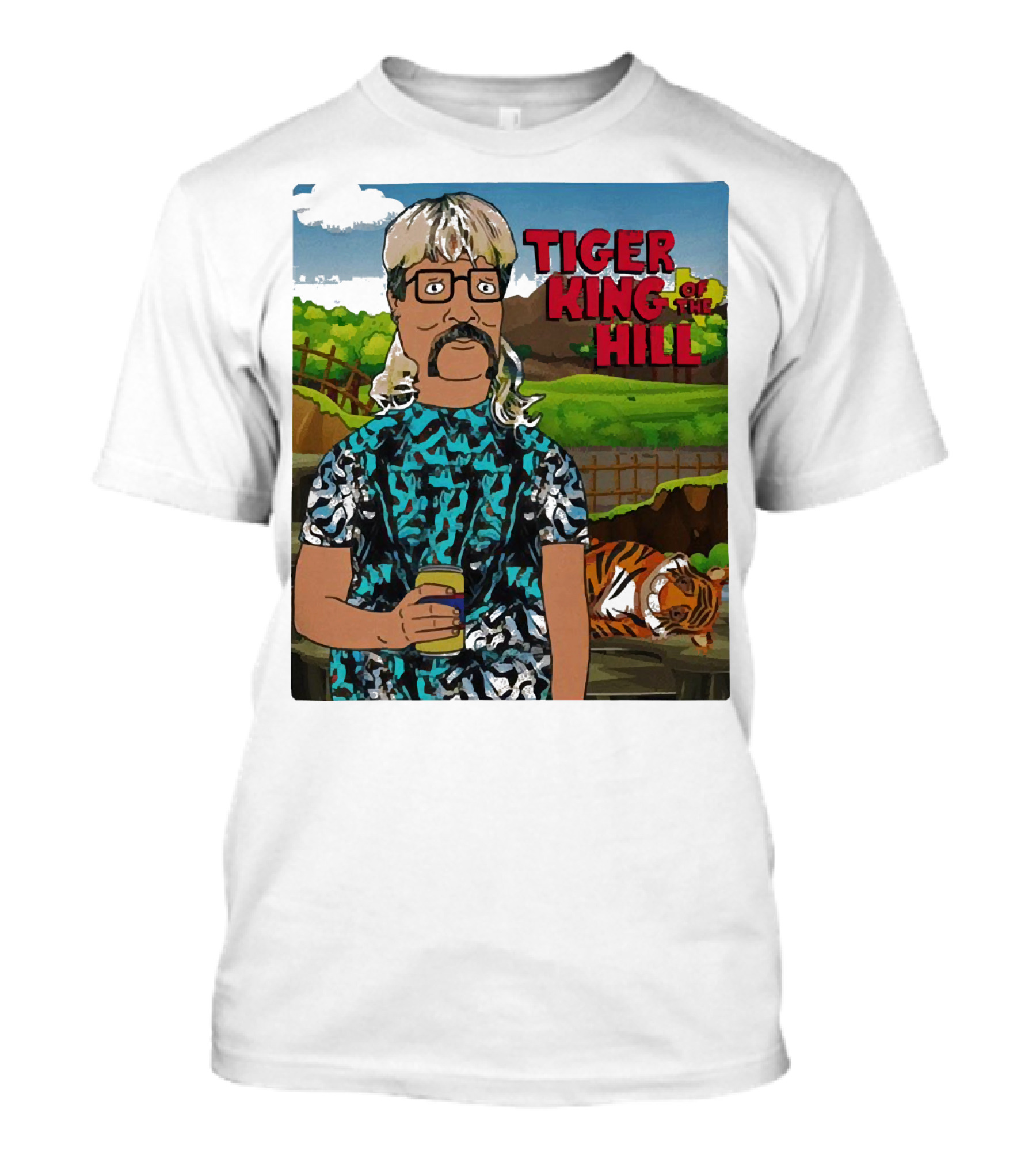 Tiger King Of The Hill In Cartoon Style With Tiger And Guy Holding Drink T-Shirt