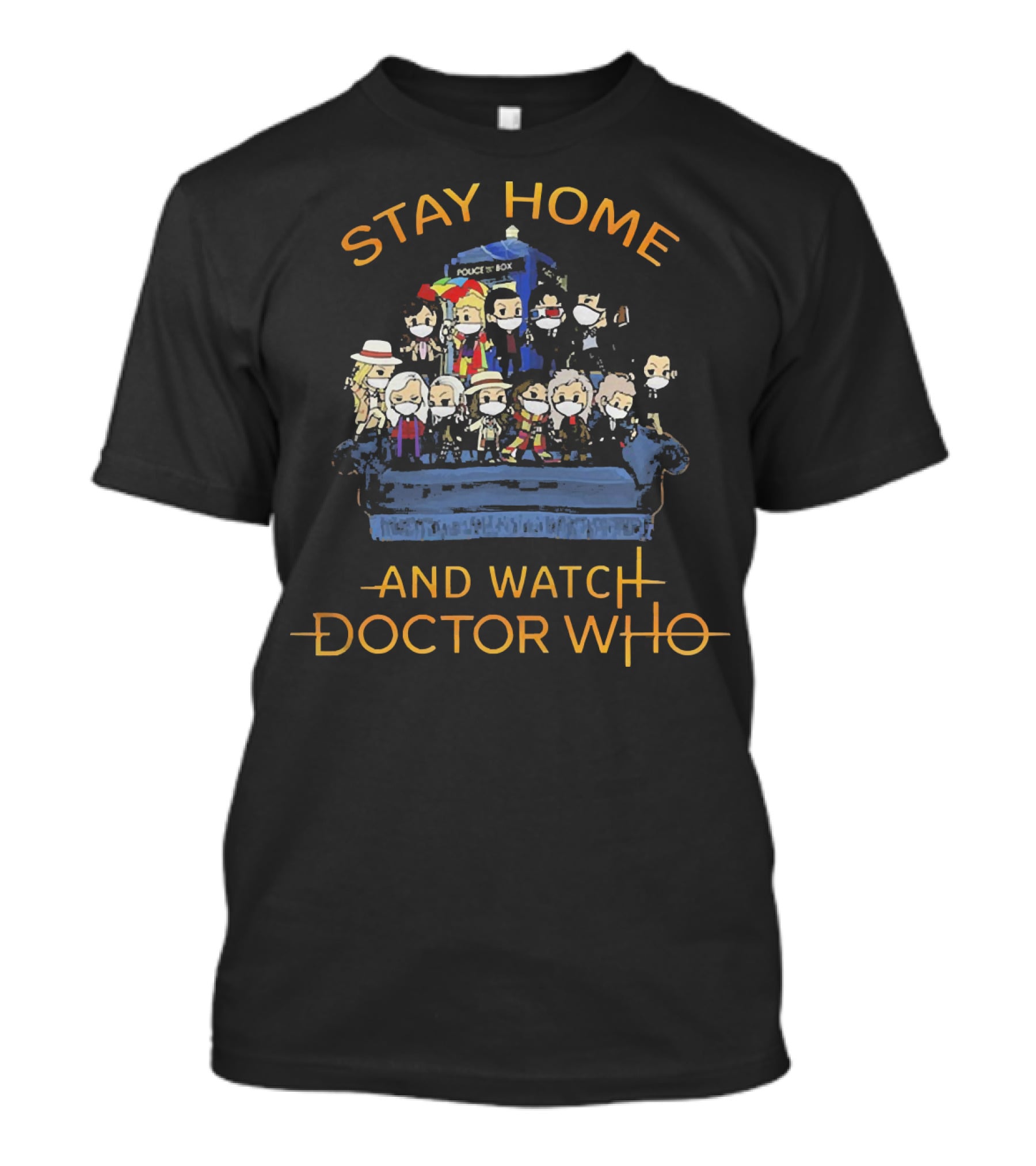 Stay Home And Watch Doctor Who Police Box Couch Characters T-Shirt