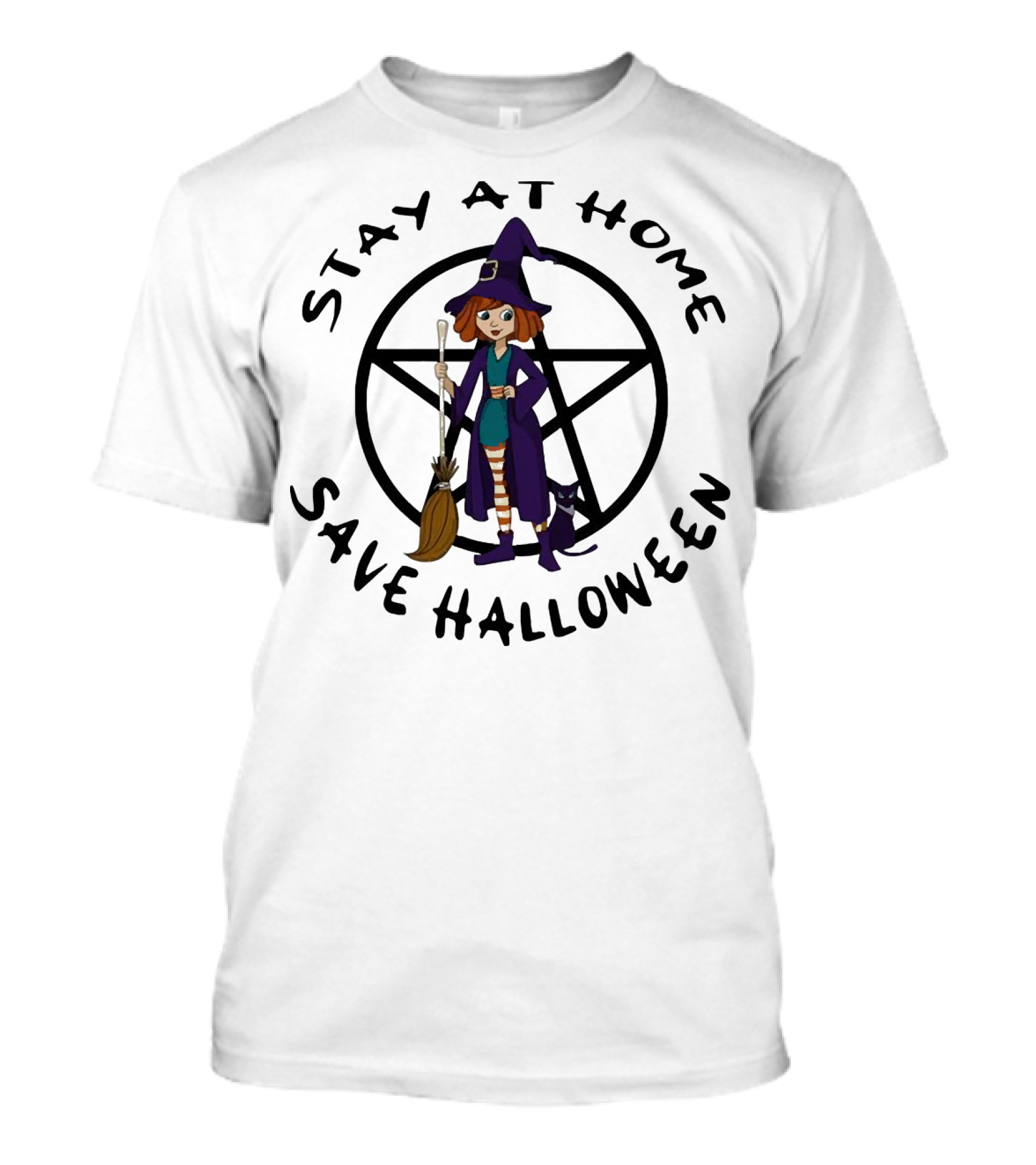 Stay At Home Save Halloween Witch With Broom And Black Cat T-Shirt