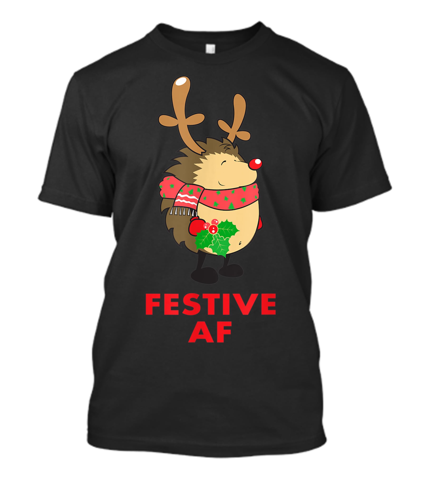 Festive AF Christmas Hedgehog With Scarf And Antlers T-Shirt