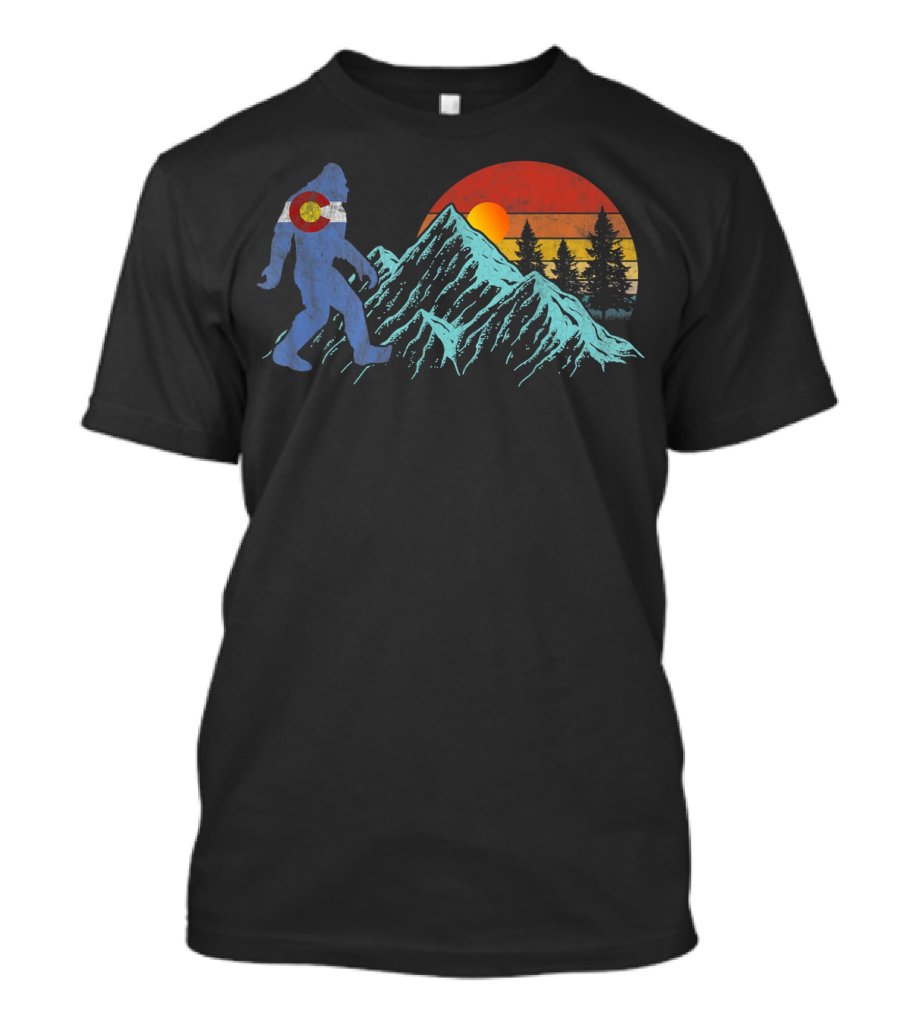 Bigfoot Colorado Flag Retro Sun Mountains And Trees T-Shirt