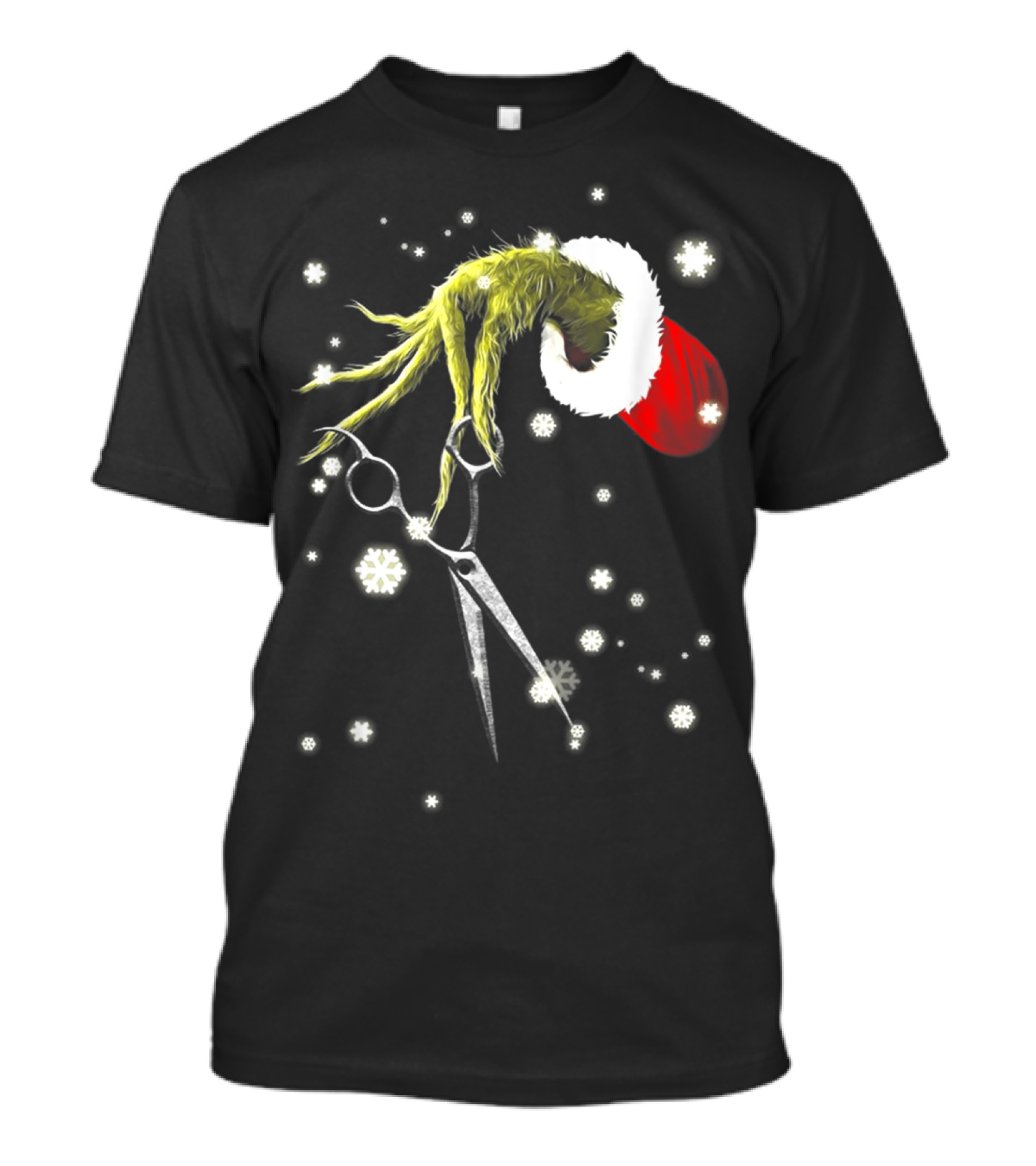 Grinch Hand With Scissors Santa Hat Snowflakes Hairdresser Christmas SE T-Shirt