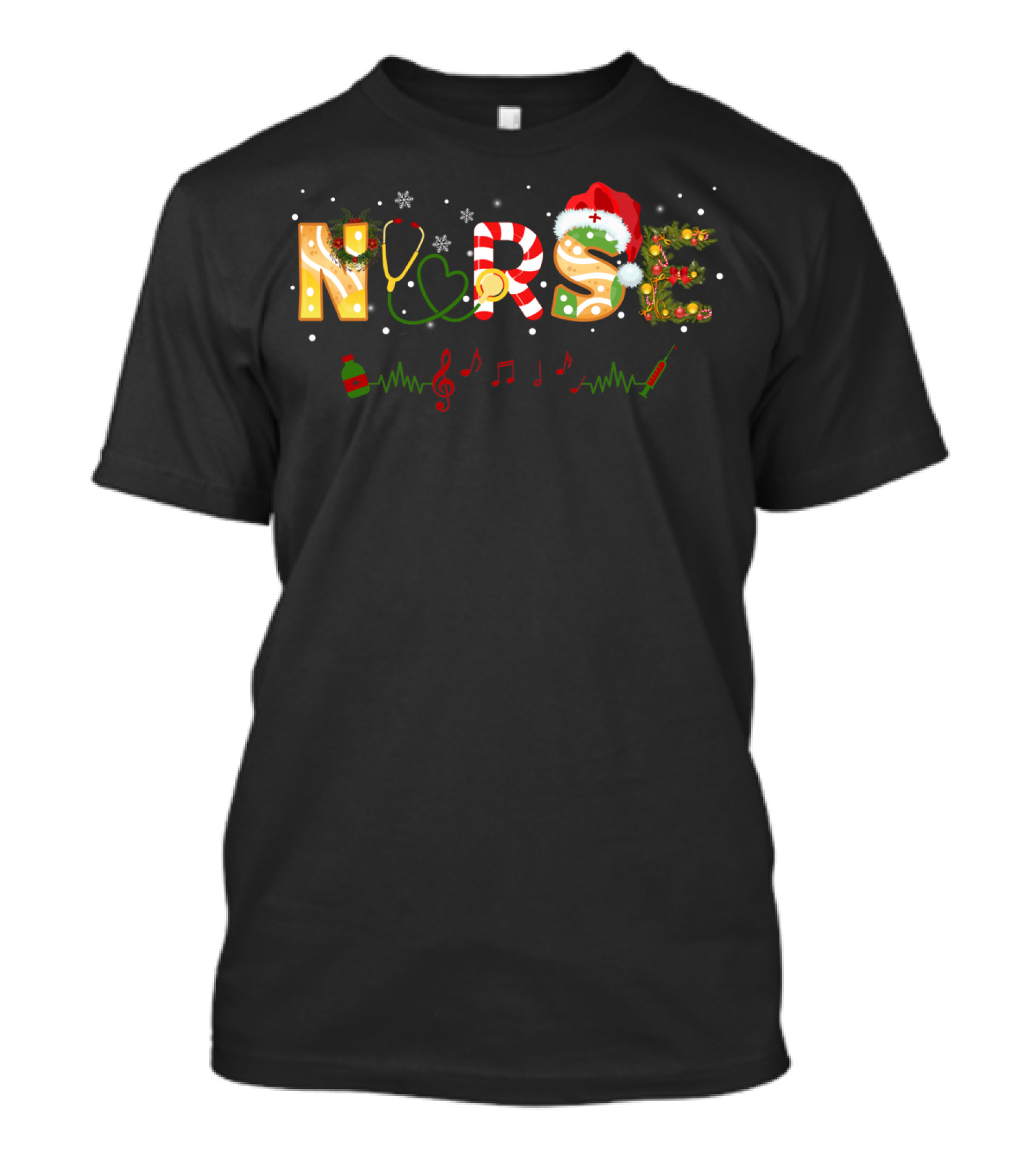 Nurse Christmas Santa Hat Stethoscope Heartbeat Music Syringe Snowflakes T-Shirt