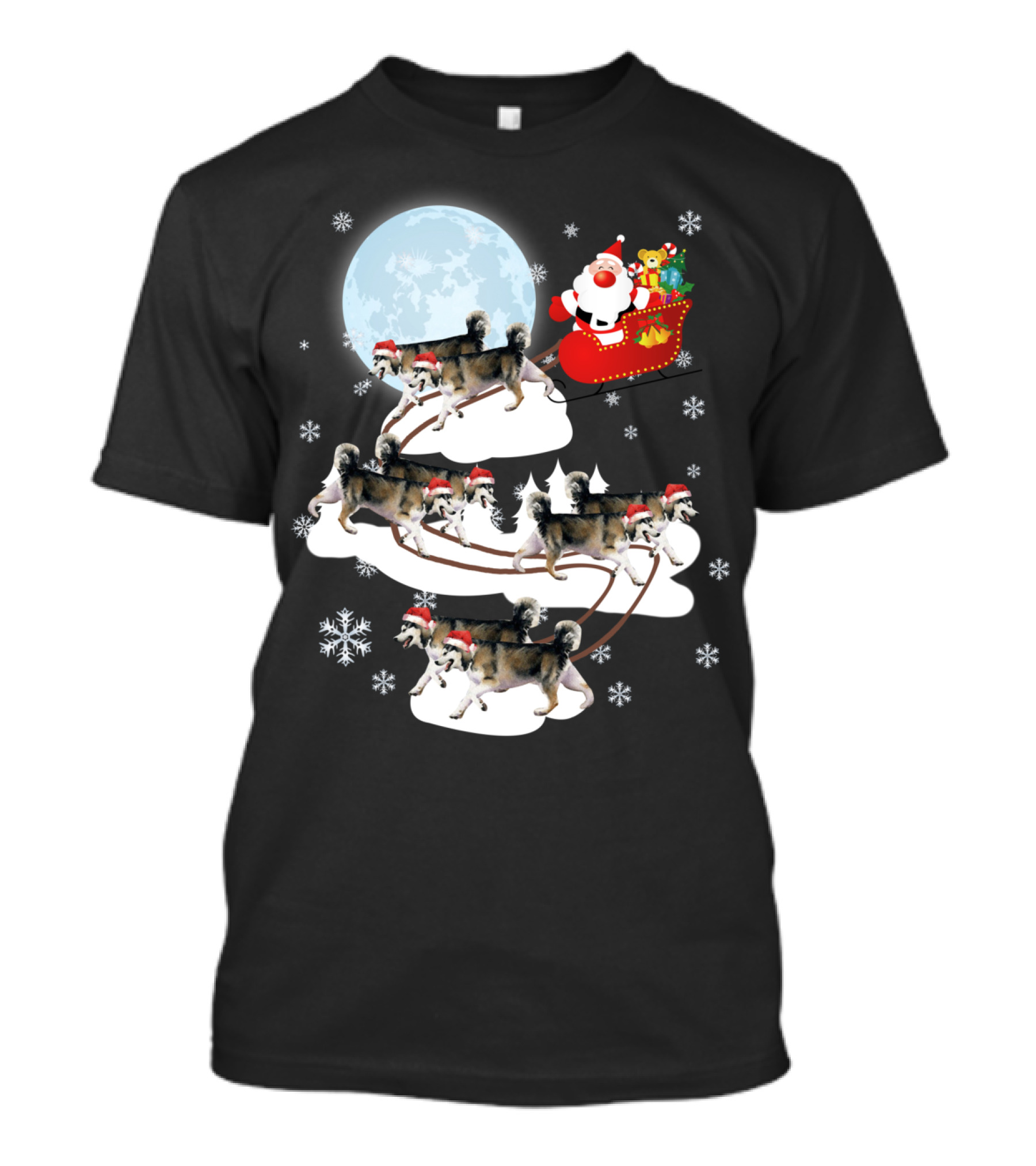 Santa Sleigh Alaskan Malamute Christmas Dog Moon Snowflakes T-Shirt