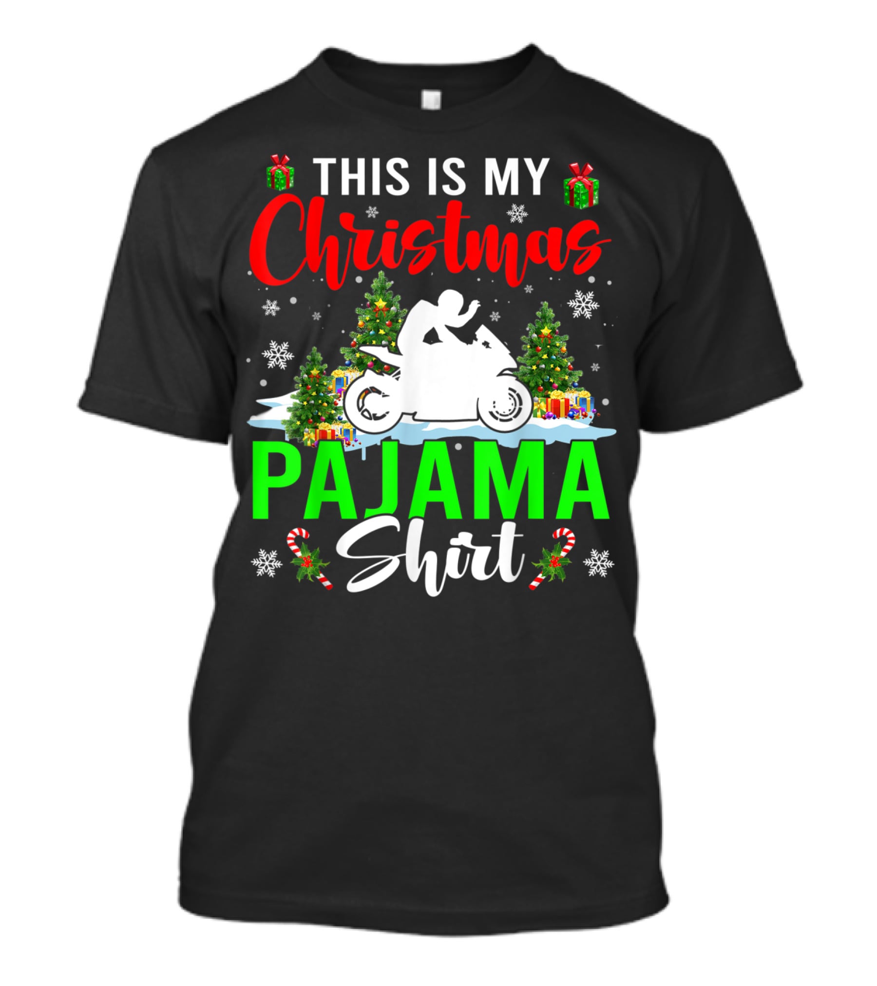 This Is My Christmas Pajama Shirt Snowflakes Motorbike Trees Presents T-Shirt