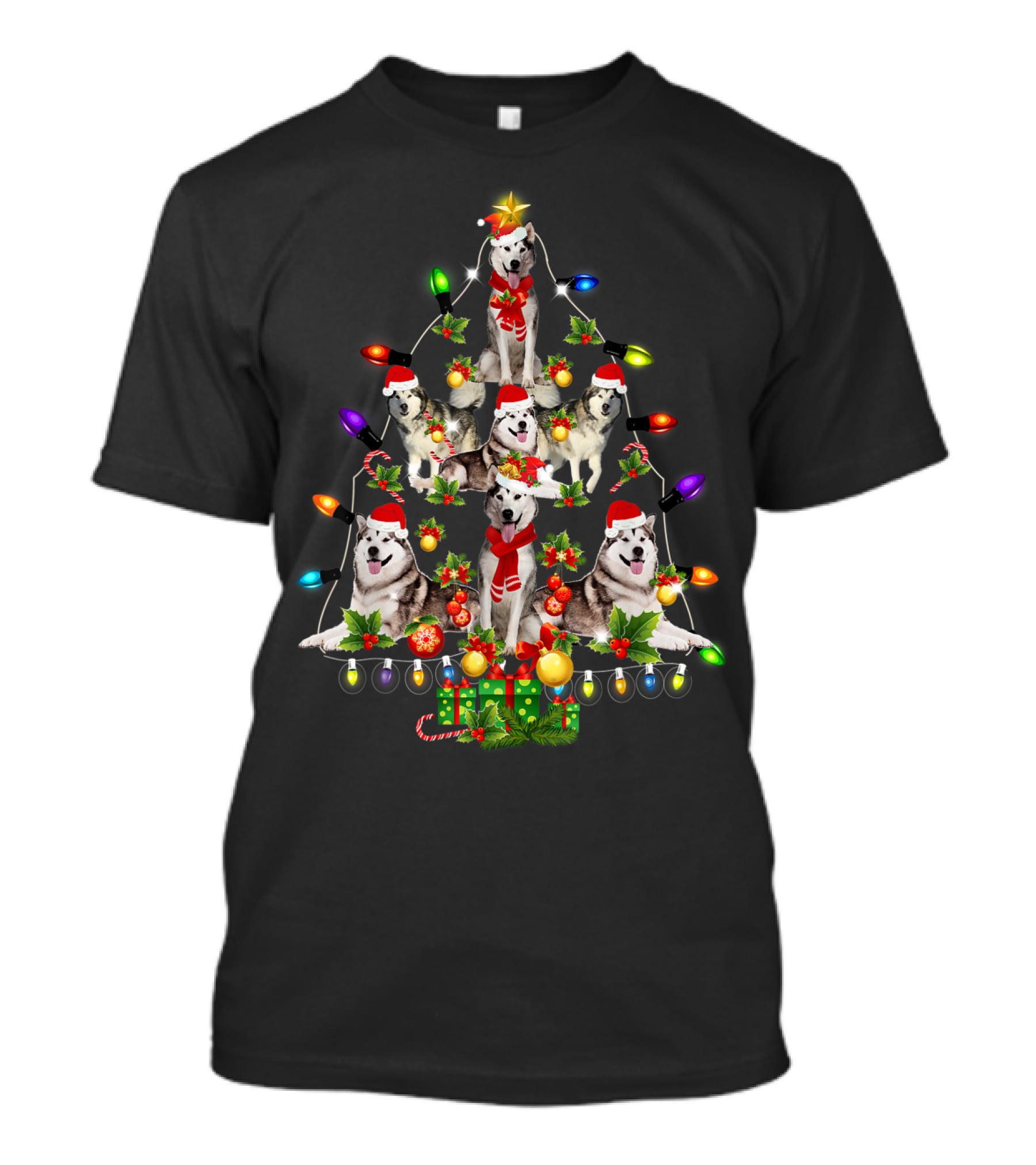 Alaskan Malamute Christmas Tree With Funny Dogs And Festive Lights T-Shirt