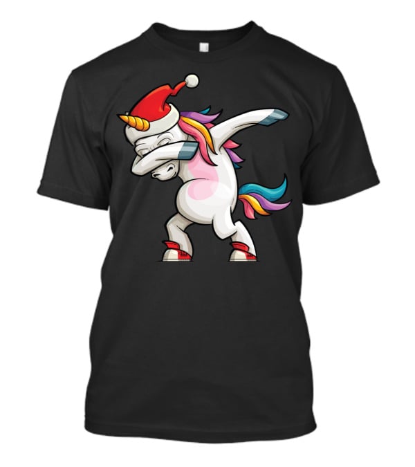 Dabbing Santacorn Xmas Funny Santa Unicorn Rainbow Mane Santa Hat T-Shirt
