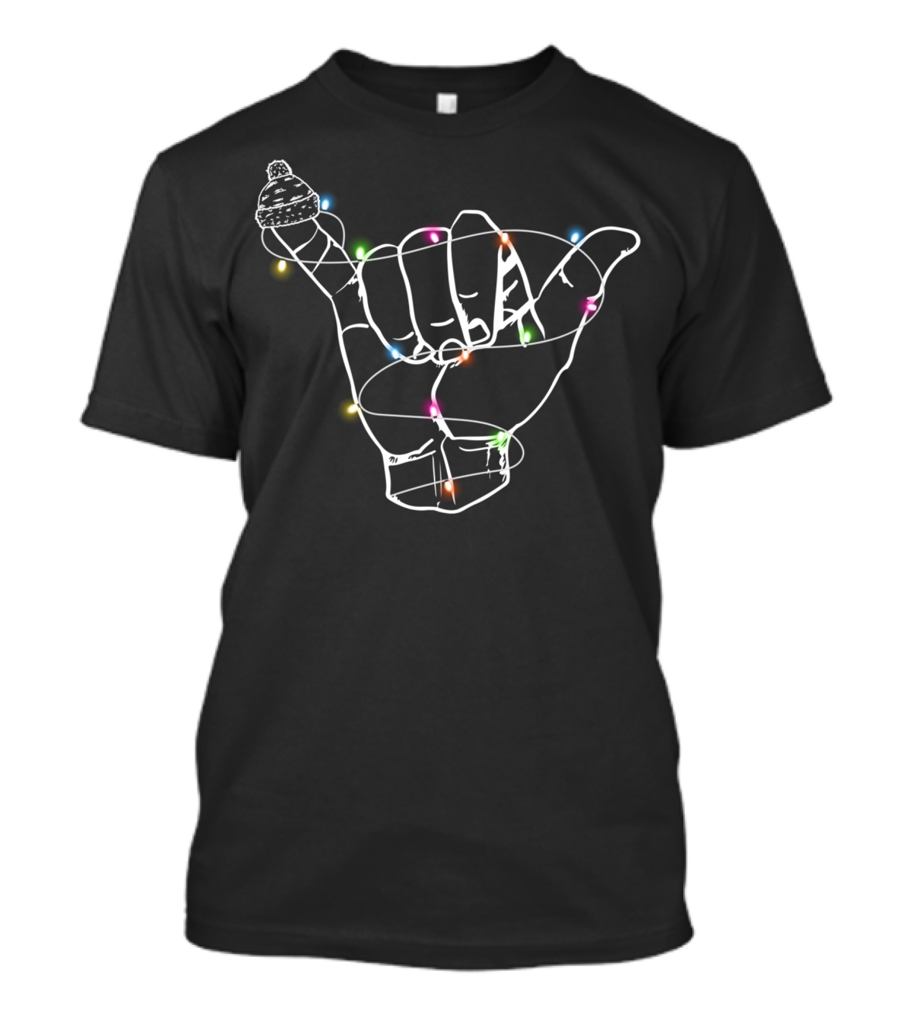 Hang Loose Christmas Shaka Sign With Santa Hat And Holiday Lights T-Shirt