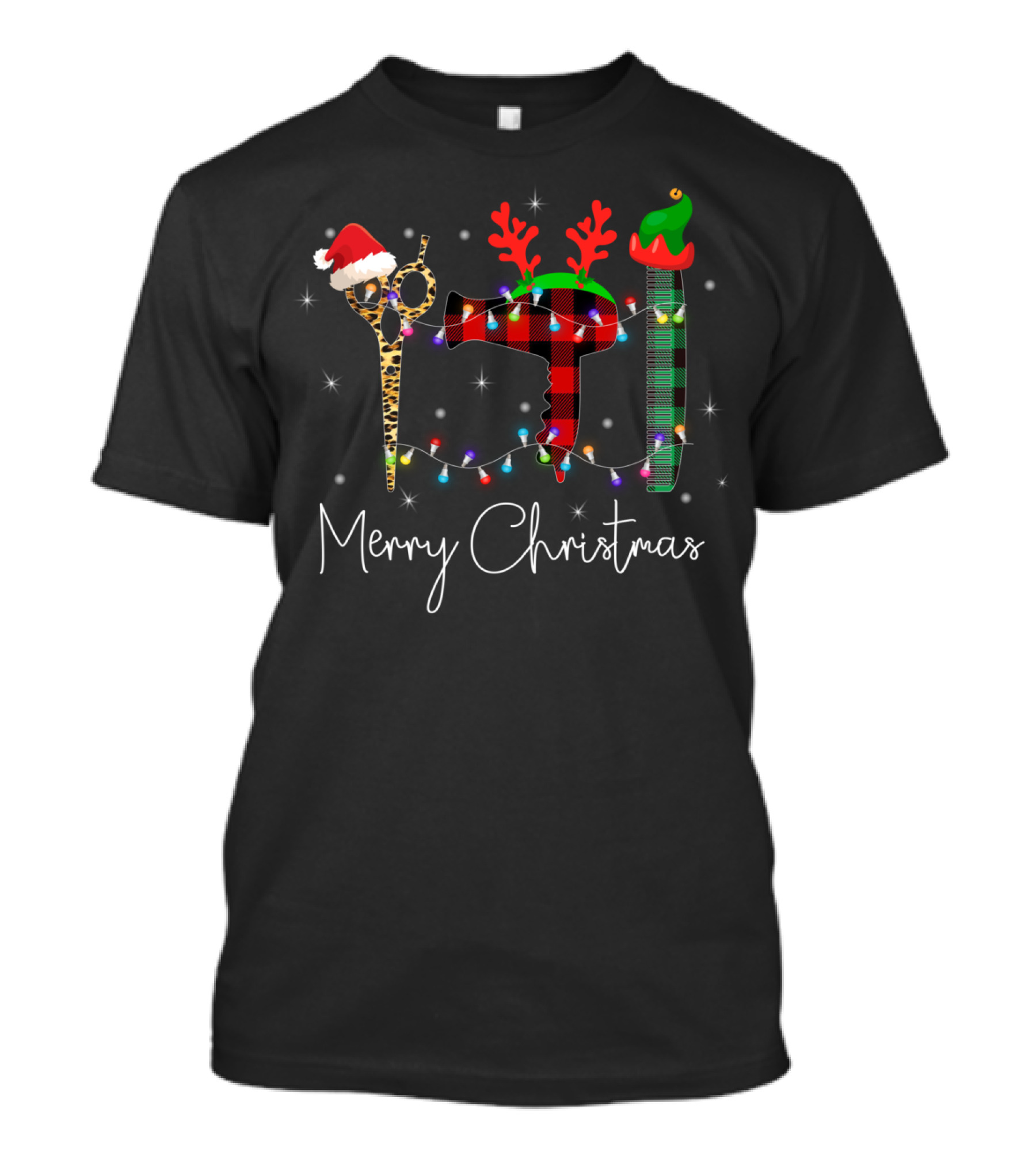 Merry Christmas Hairstylist Hairdresser Leopard Scissors Reindeer Antlers Blow Dryer Tool Holiday Lights T-Shirt