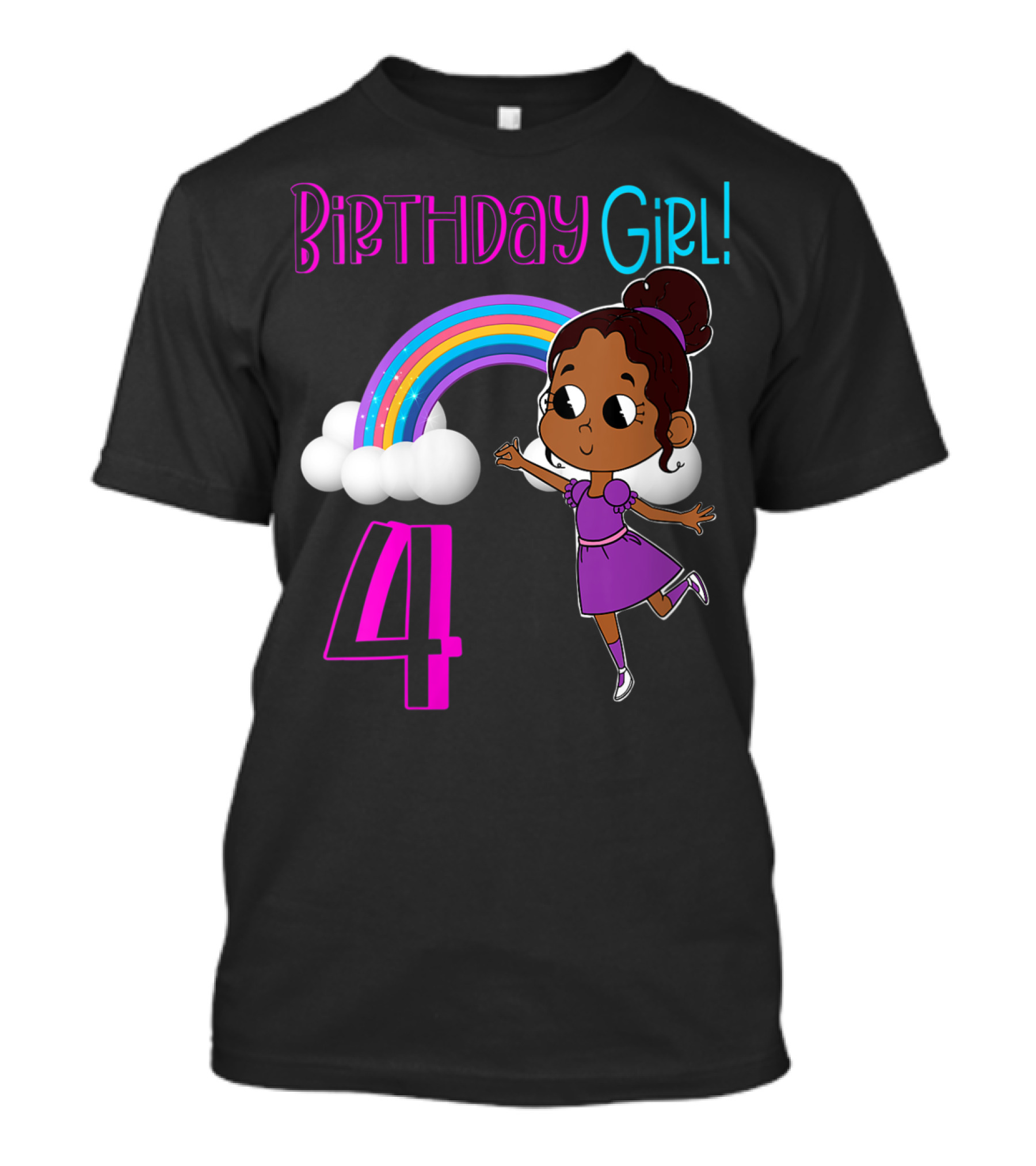 Birthday Girl 4 African American Rainbow And Girl In Purple Dress T-Shirt