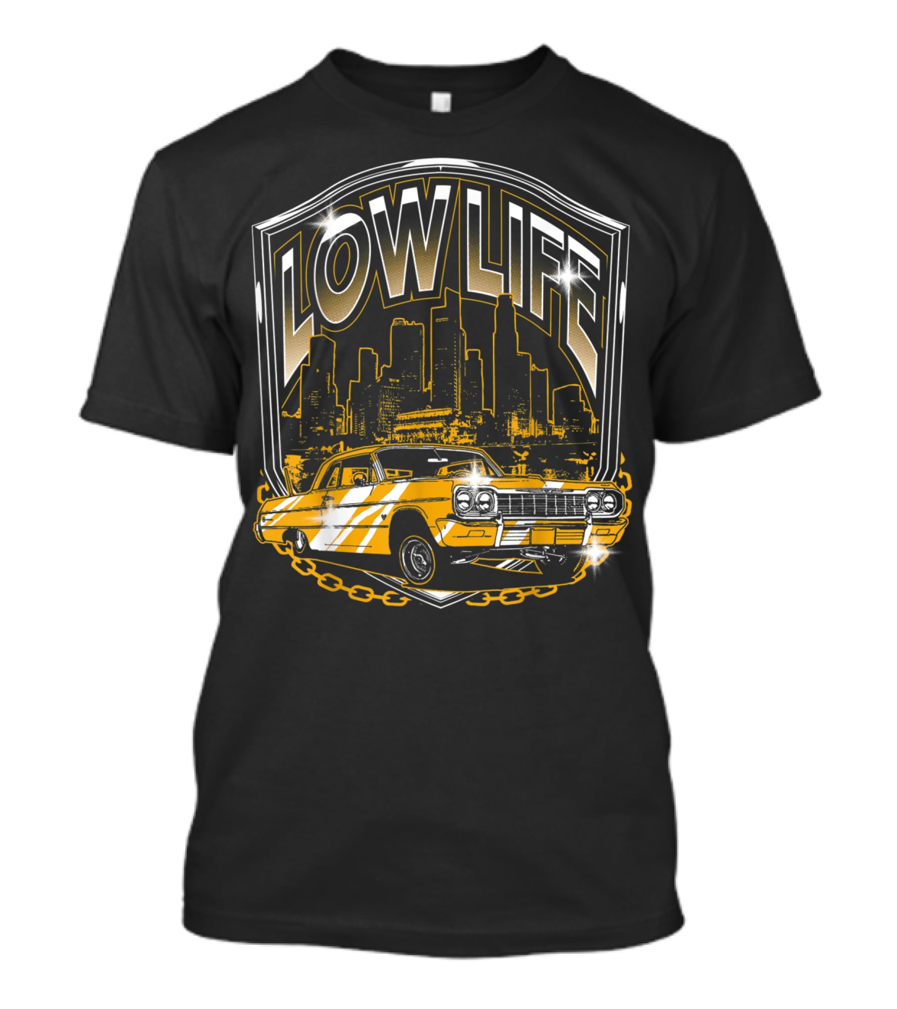 Lowrider Classic Car Low Life Skyline Scene T-Shirt