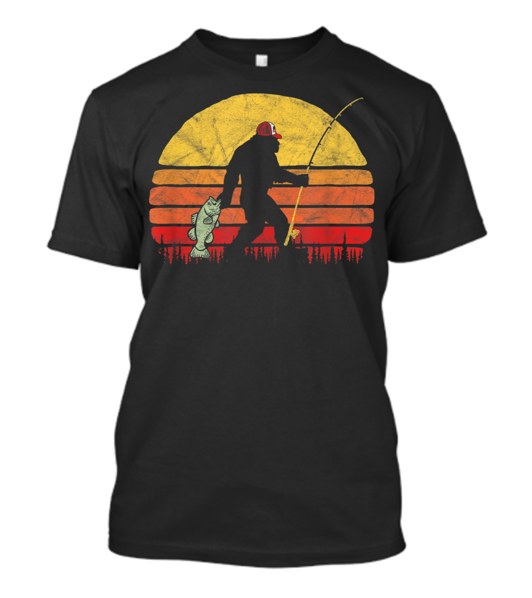 Bigfoot Bass Fishing Legend In Trucker Hat With Sunset T-Shirt