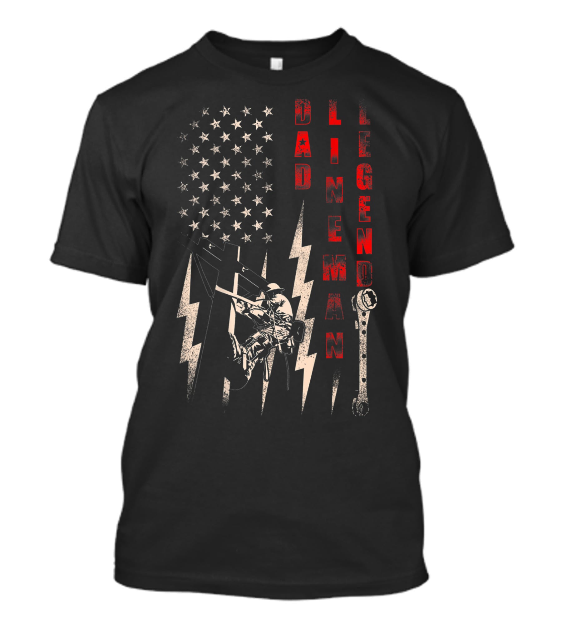 Dad Lineman Legend American Flag Lightning Bolt Wrench T-Shirt