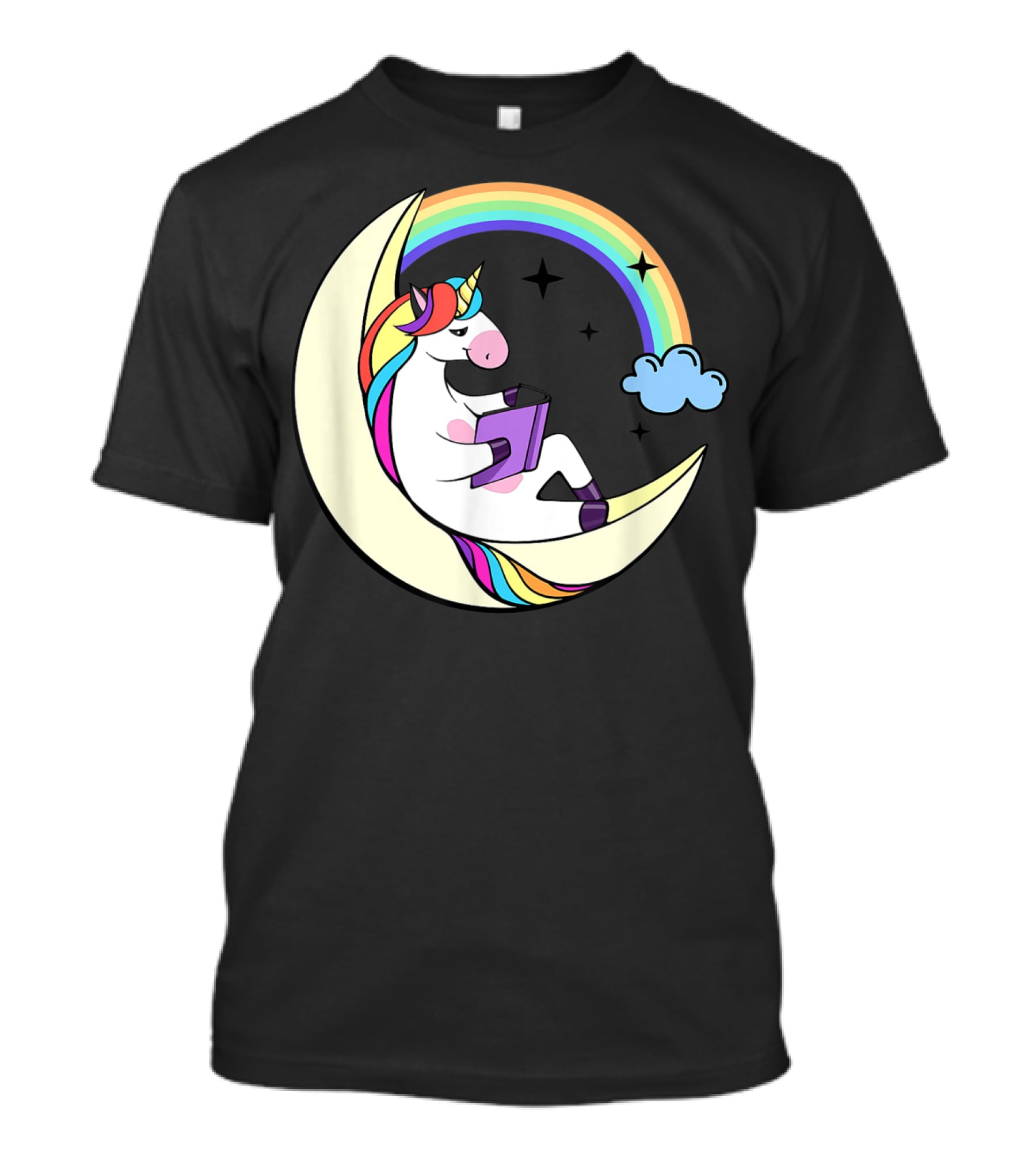 Unicorn Reading Book On Moon With Rainbow And Stars T-Shirt