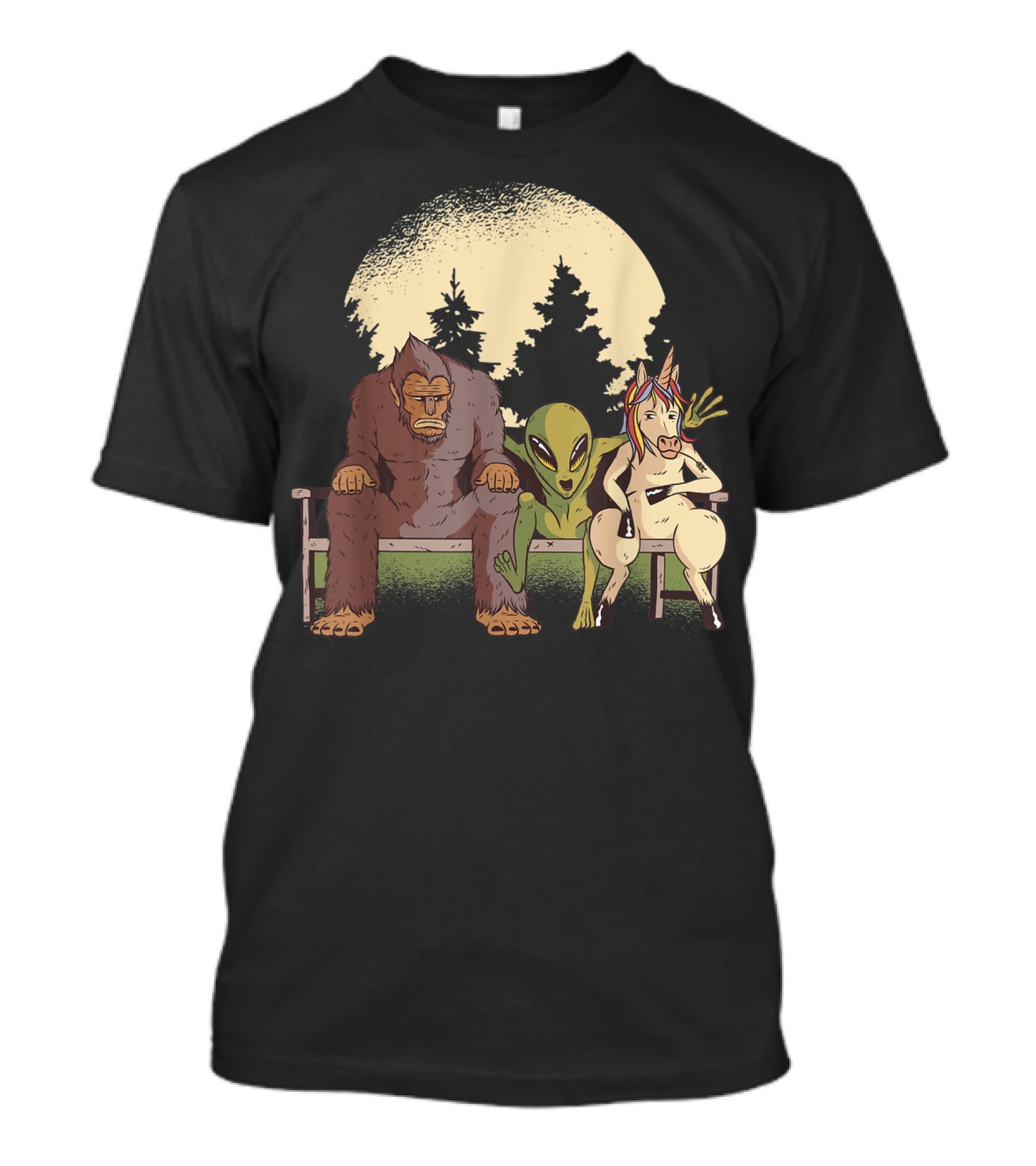 Creatures Monkey Alien Horse Forest Bench Scene T-Shirt