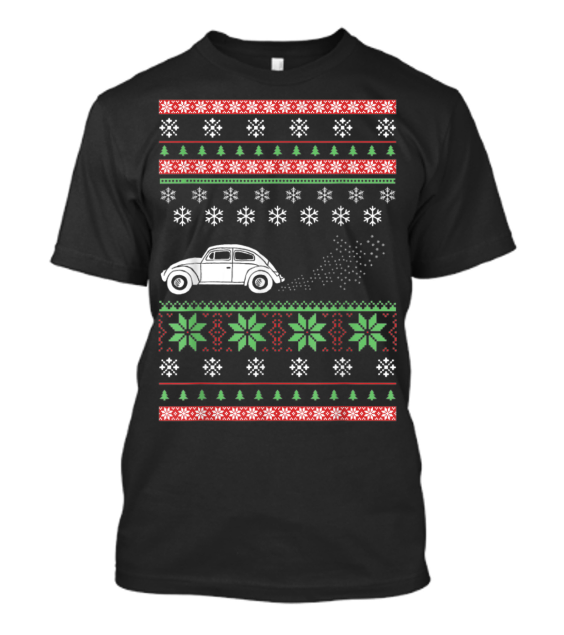 Classic Car Ugly Christmas Sweater Style Snowflakes And Trees T-Shirt
