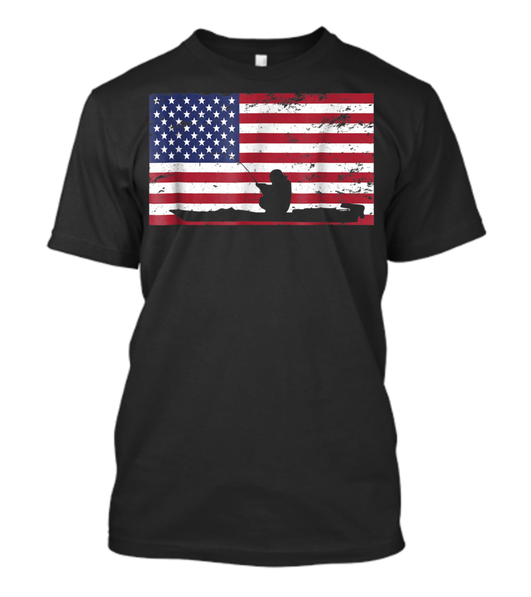 Kayak Fishing Silhouette On Distressed American Flag T-Shirt