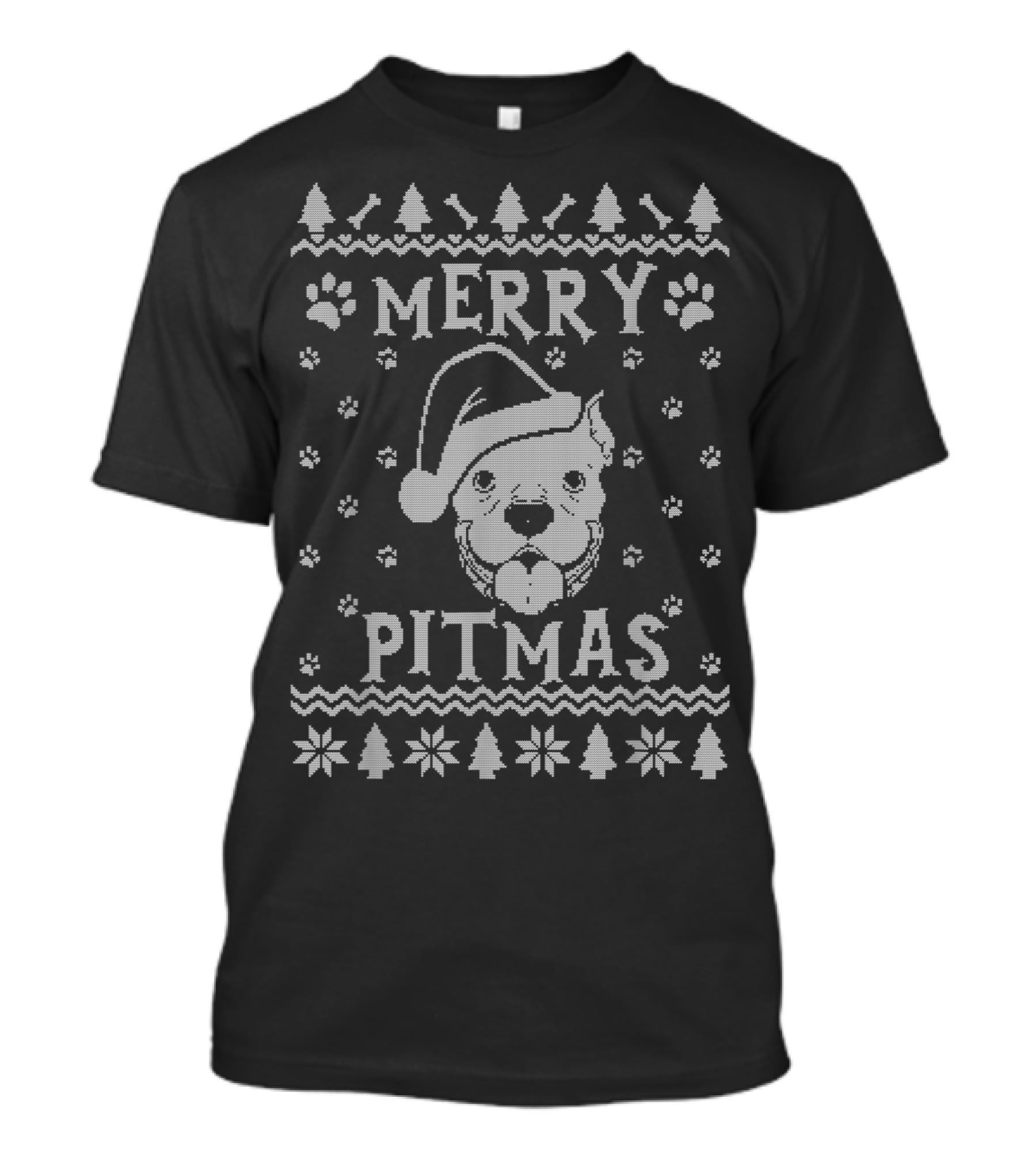 Merry Pitmas Christmas Pitbull Santa Hat Paw Trees Snowflakes T-Shirt