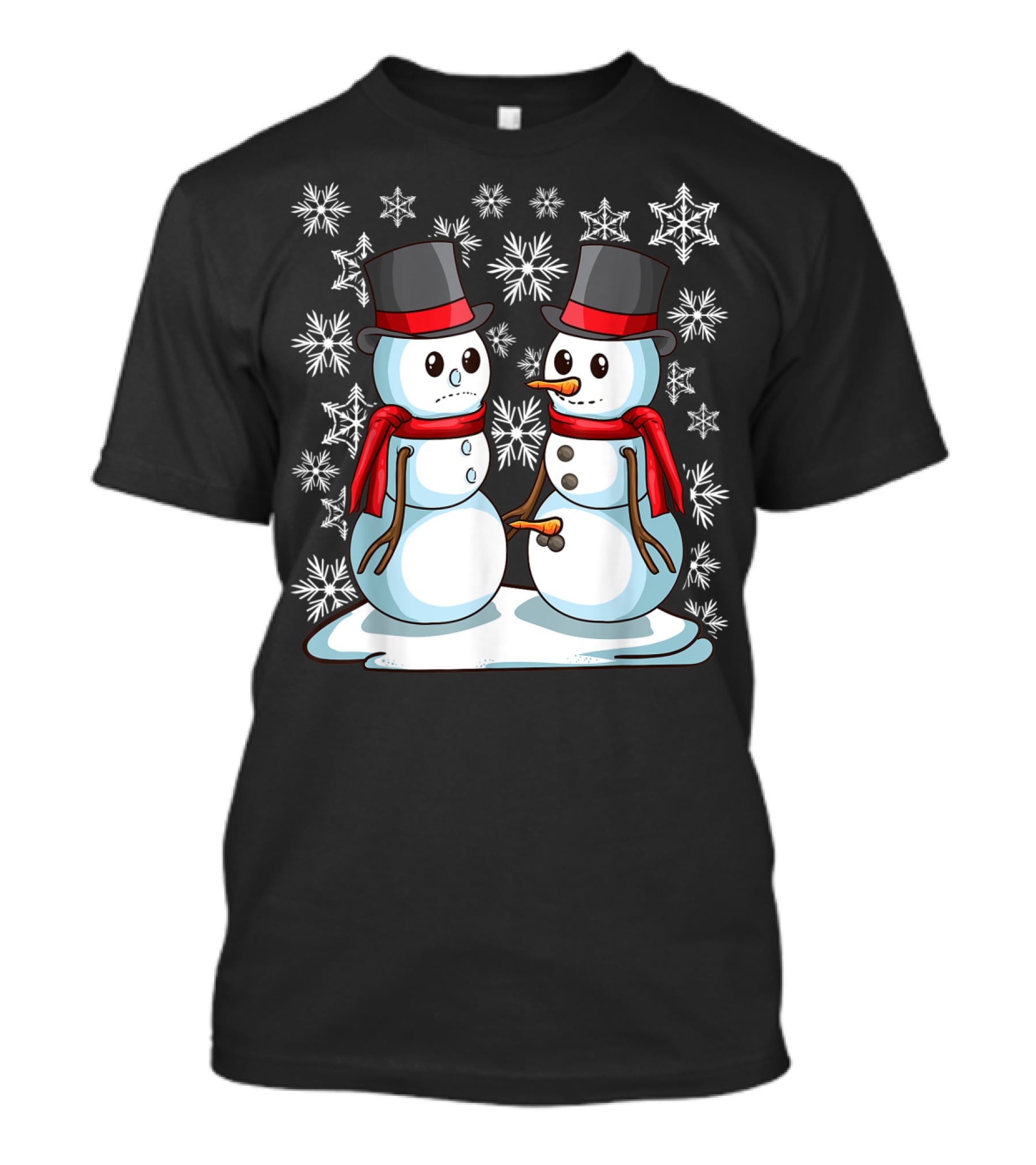 Naughty Christmas Snowmen With Carrot And Top Hats Amidst Snowflakes T-Shirt