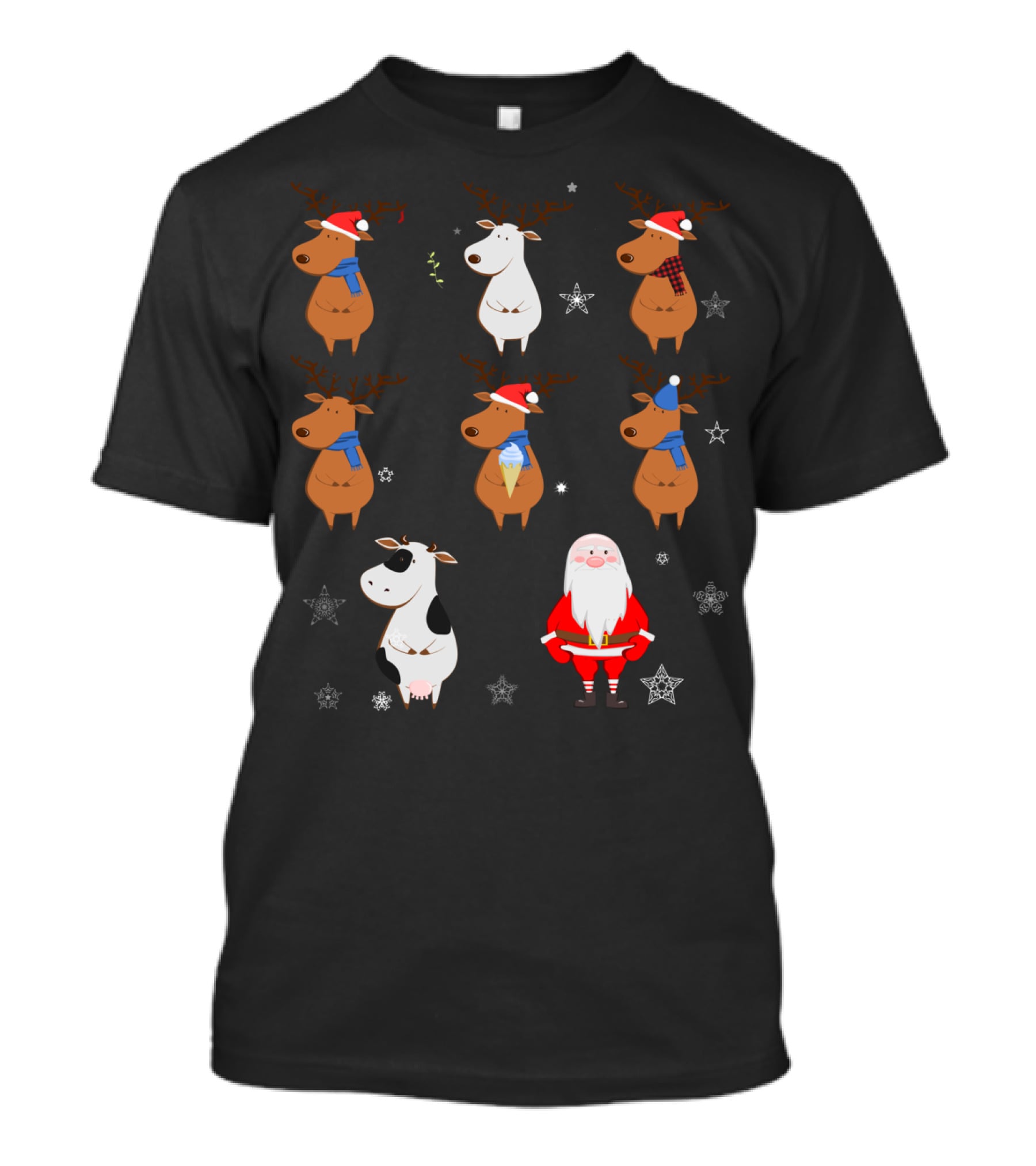 Santa Claus Reindeers With Cow And Snowflakes T-Shirt