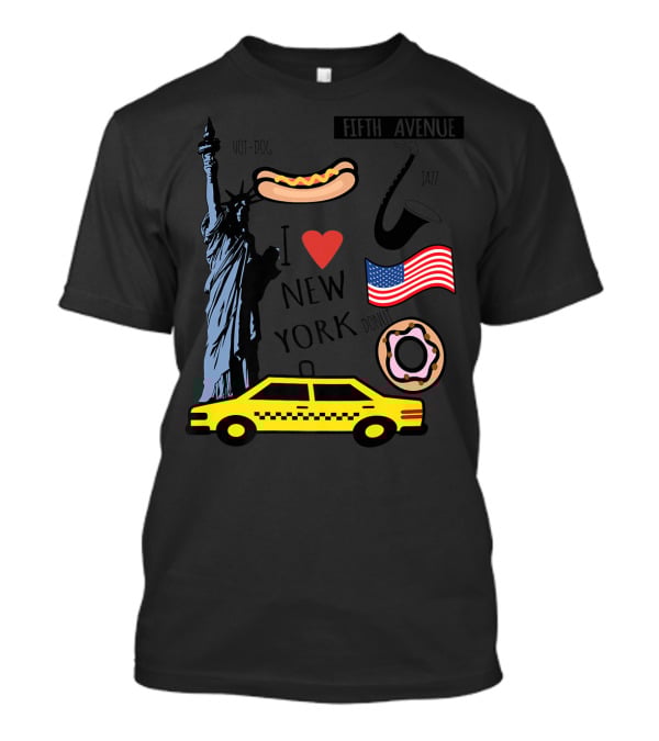 I Heart New York Top Spots Statue Of Liberty Taxi Fifth Avenue Hot Dog Jazz Donut American Flag T-Shirt