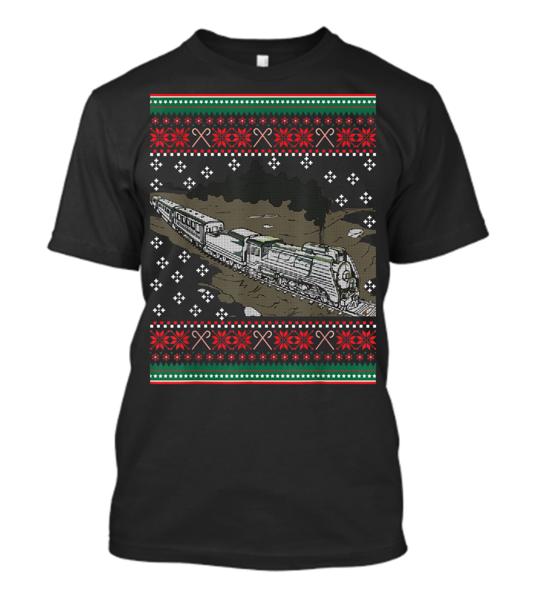 Steam Engine Train Ugly Christmas Pattern Railroad T-Shirt