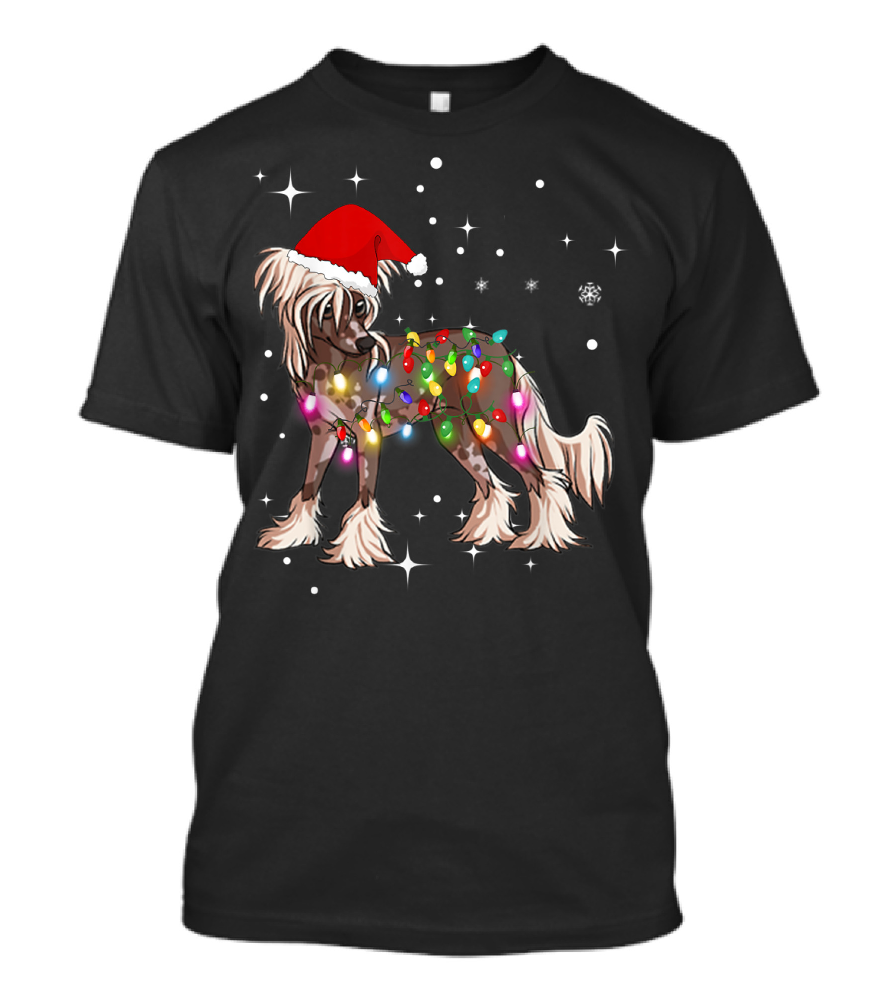 Christmas Lights Chinese Crested Dog With Santa Hat And Stars T-Shirt