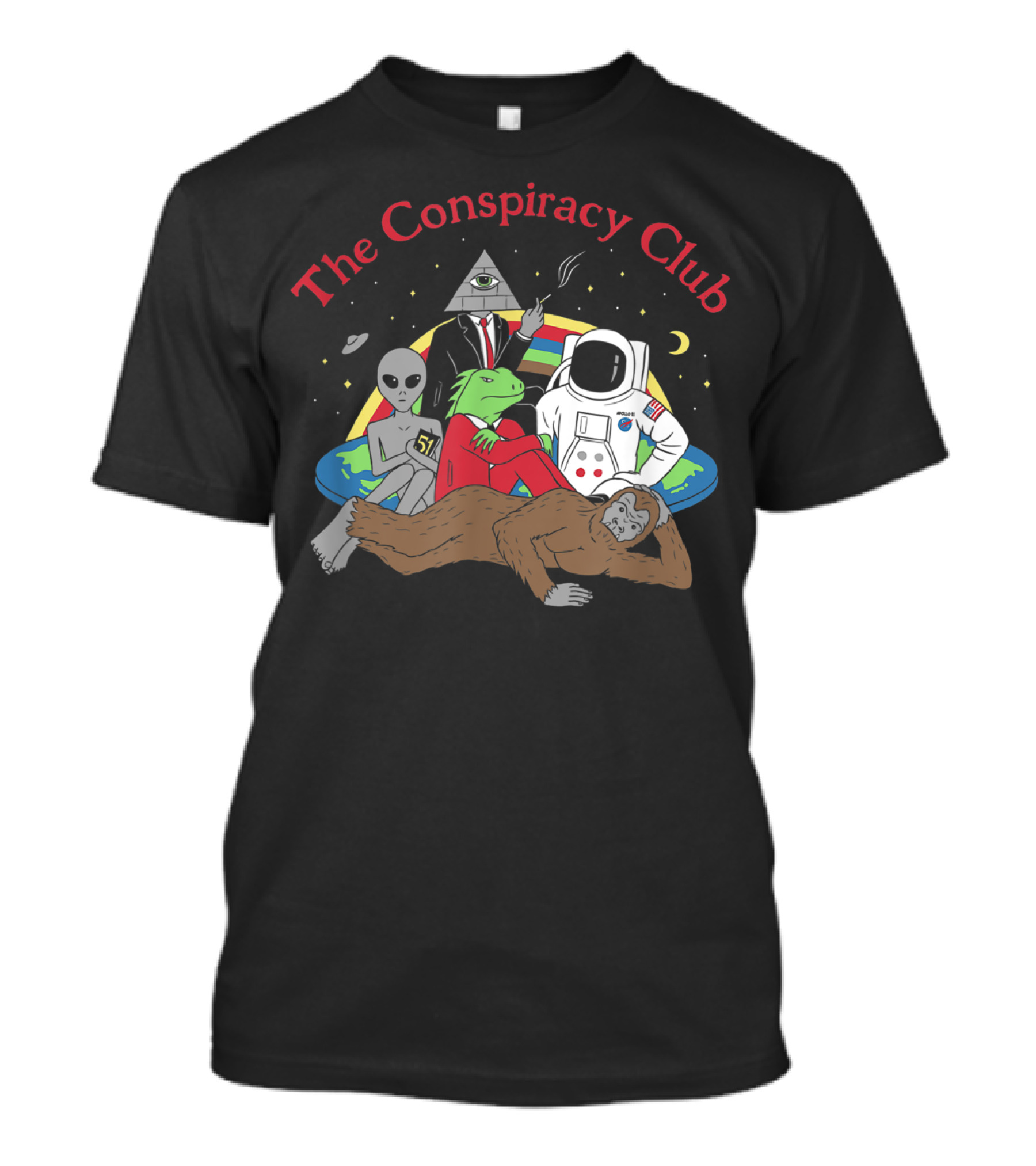The Conspiracy Club Alien Astronaut Pyramid Bigfoot Lizard Man T-Shirt