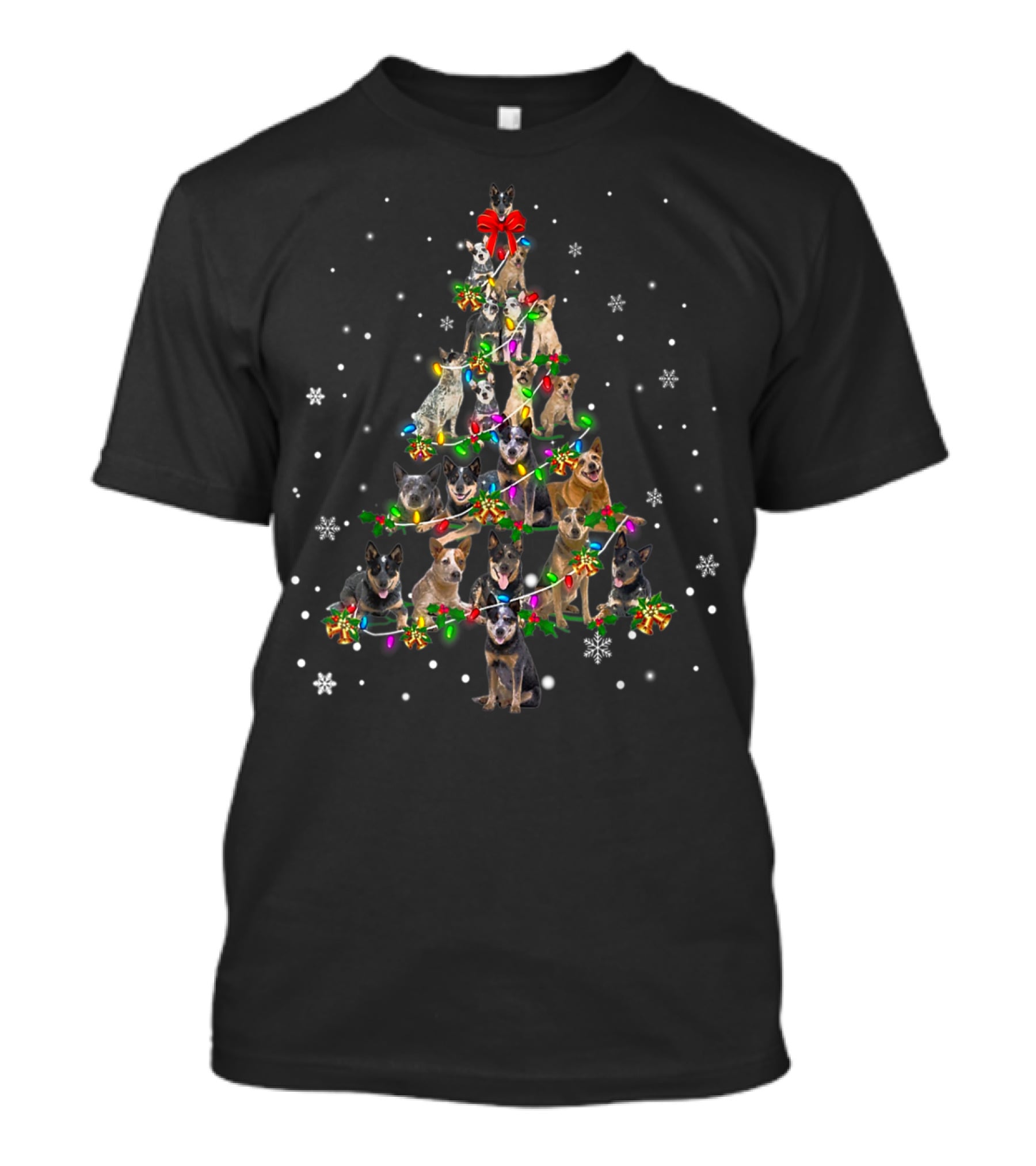 Cute Australian Cattle Dog Christmas Tree With Festive Lights And Snowflakes T-Shirt