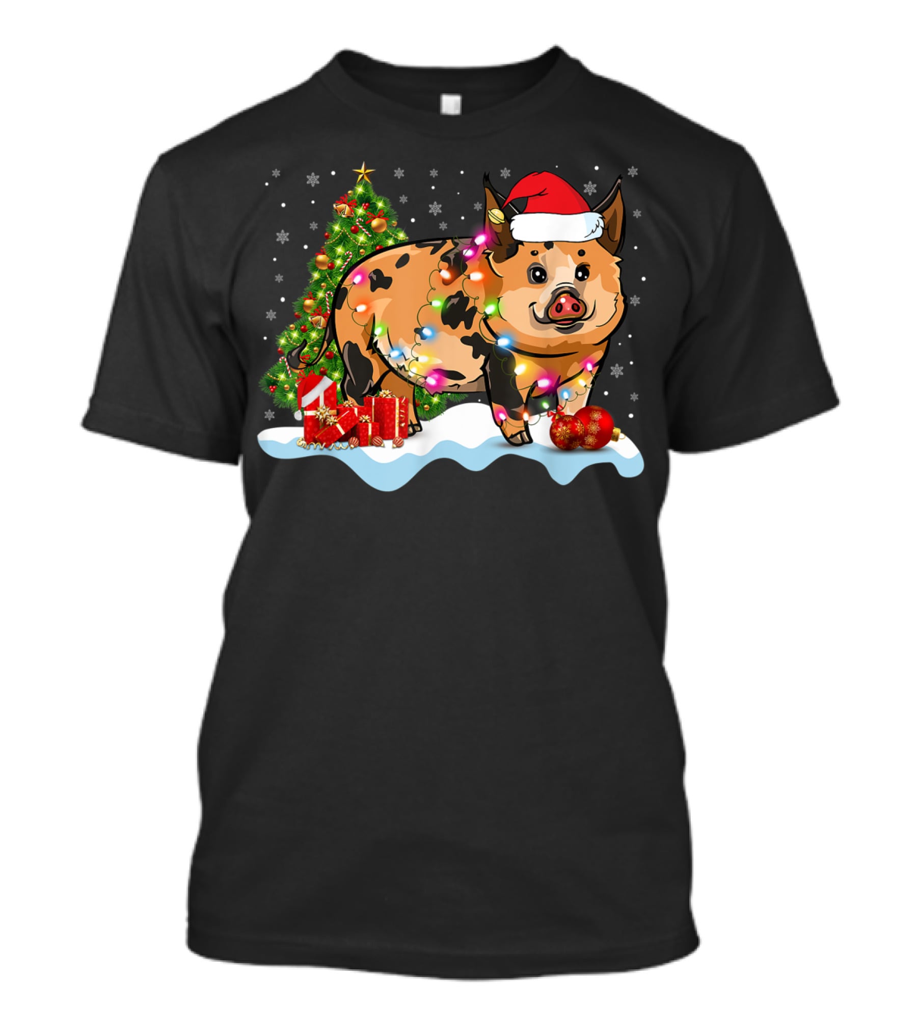 Kunekune Pig Santa Hat Christmas Tree Lights Snowflakes T-Shirt