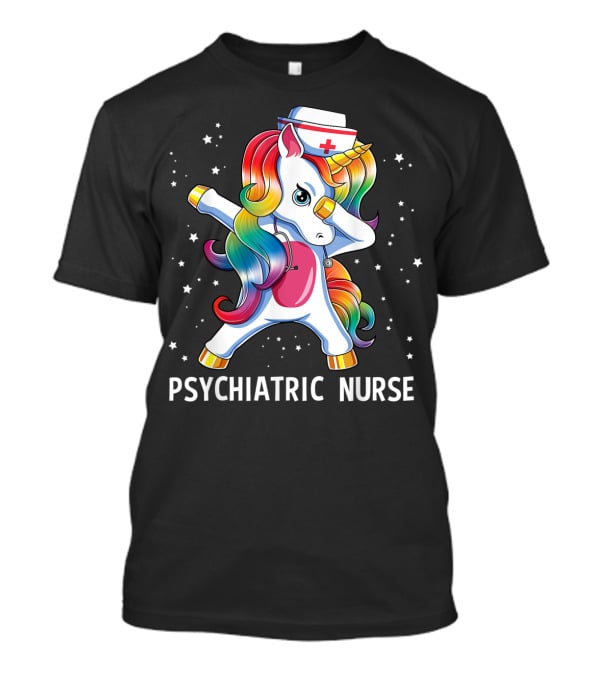 Dabbing Unicorn Rainbow Psychiatric Nurse With Nurse Hat And Stars T-Shirt