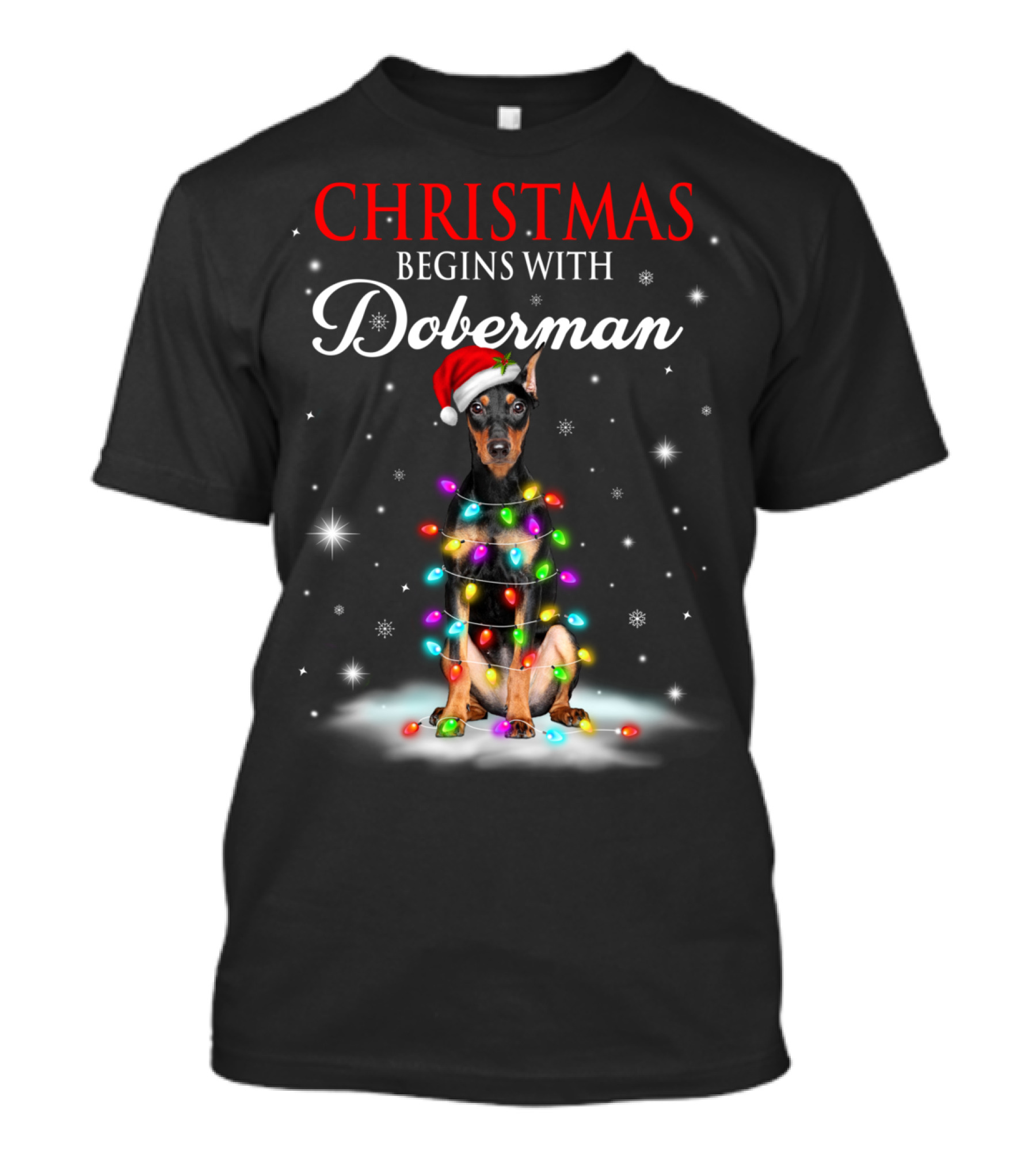 Christmas Begins With Doberman Wrapped In Holiday Lights And Santa Hat Snowflakes T-Shirt