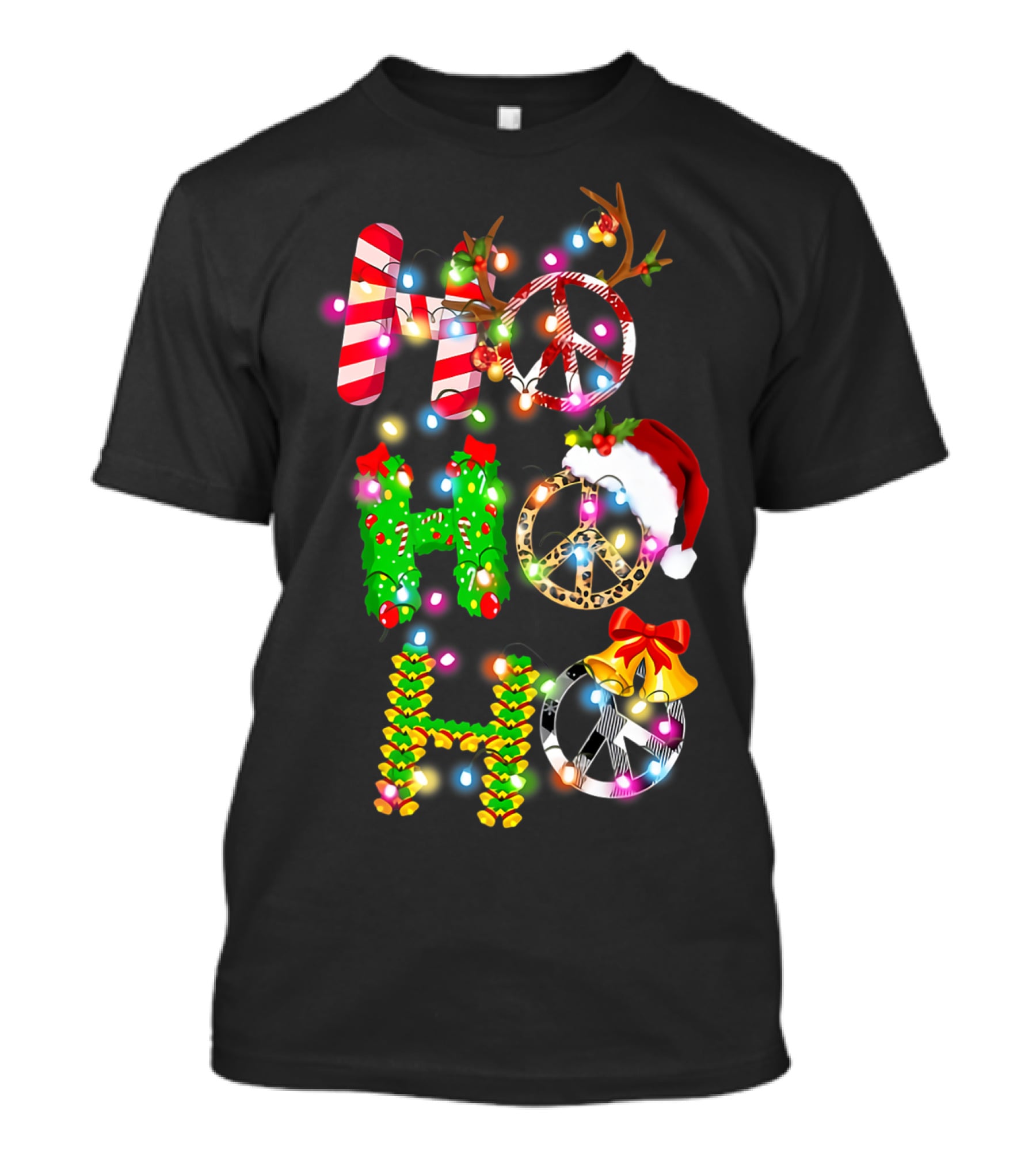 Ho Ho Ho Christmas Light Peace Sign Reindeer Santa Hat T-Shirt