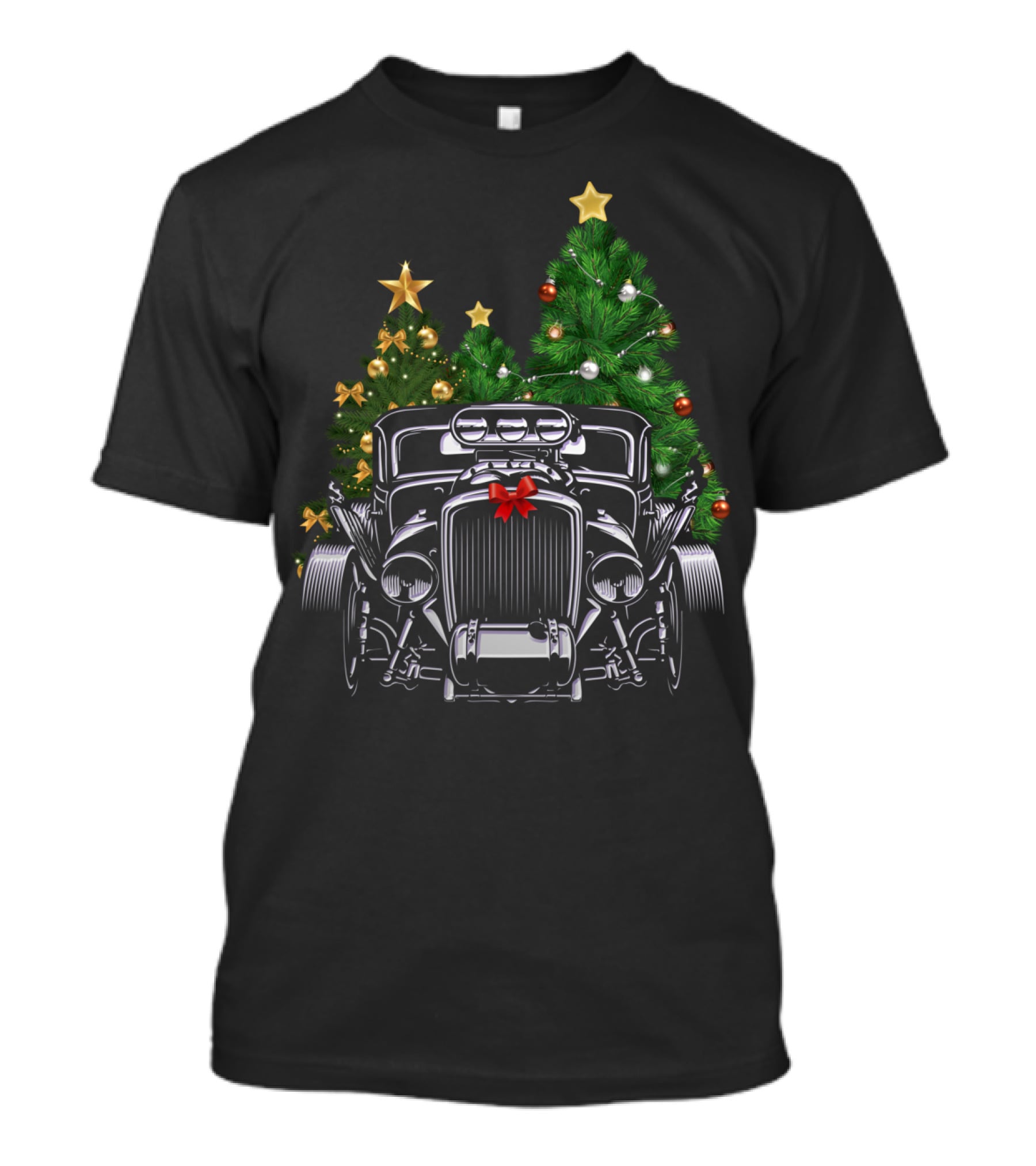 Hot Rod Christmas Classic American Car With Festive Trees T-Shirt