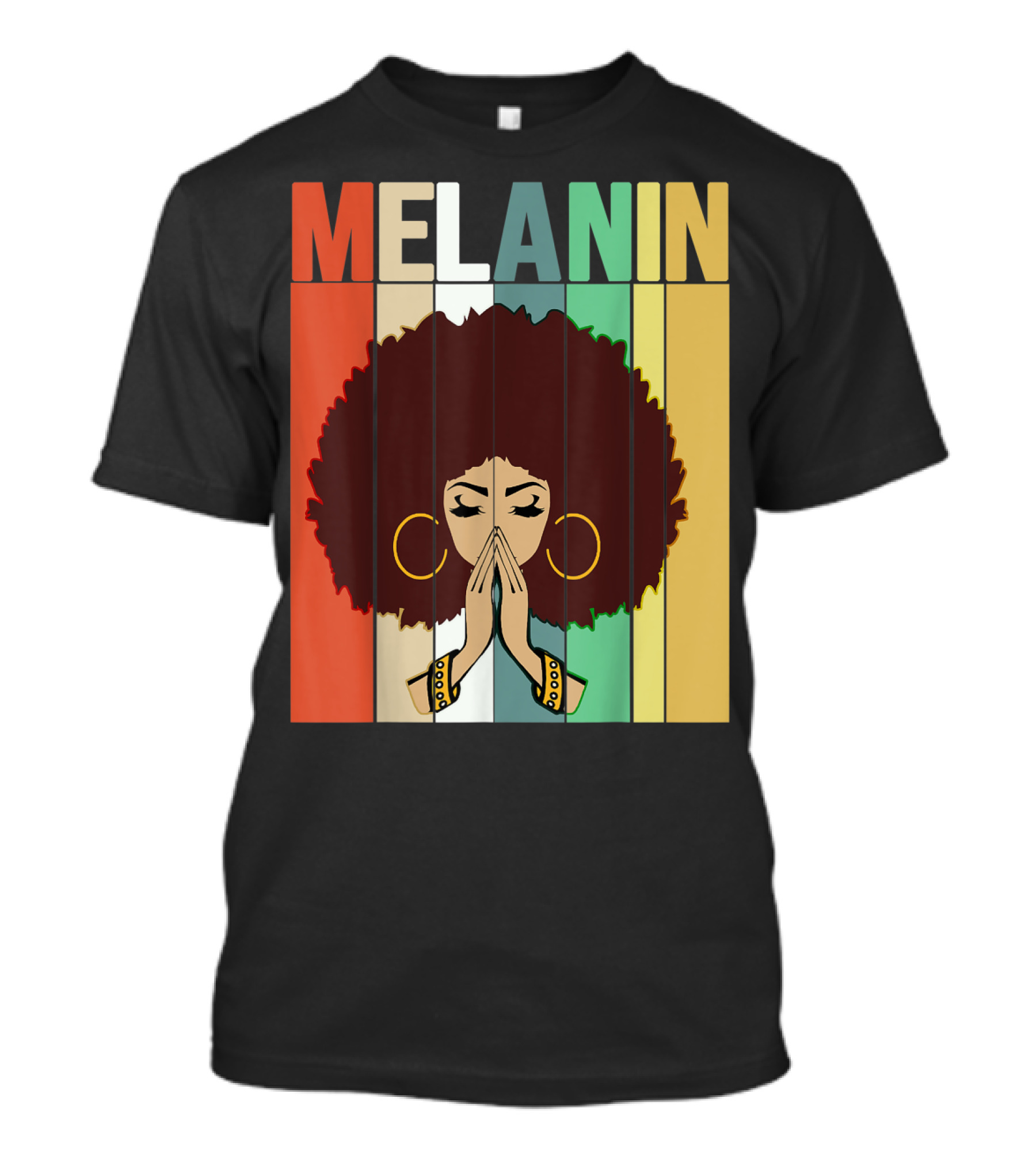 Melanin Vintage Black Afro Woman Prayer Hands Golden Hoop Earrings T-Shirt