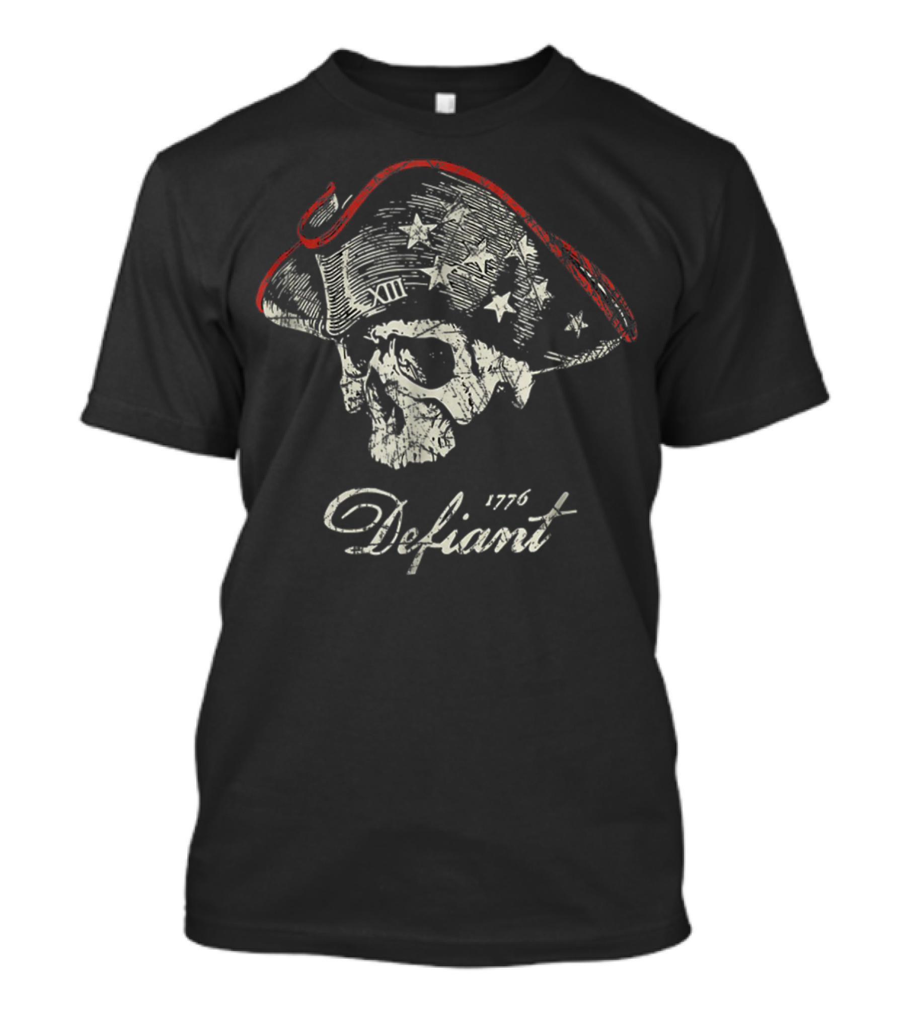 Defiant 1776 Patriot American Skull With Tricorn Hat And Stars T-Shirt