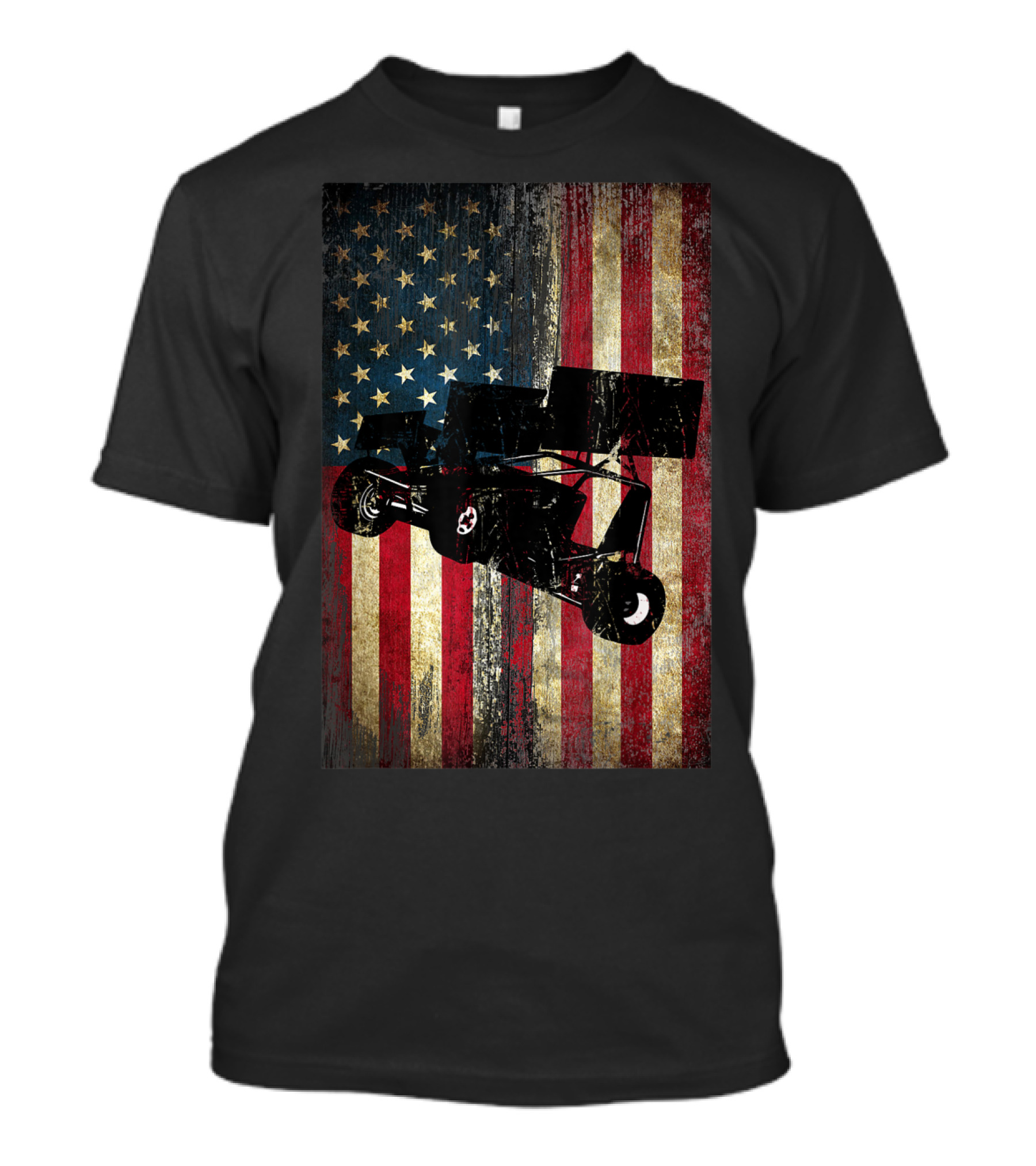 Distressed American Flag With Sprint Car Racing T-Shirt