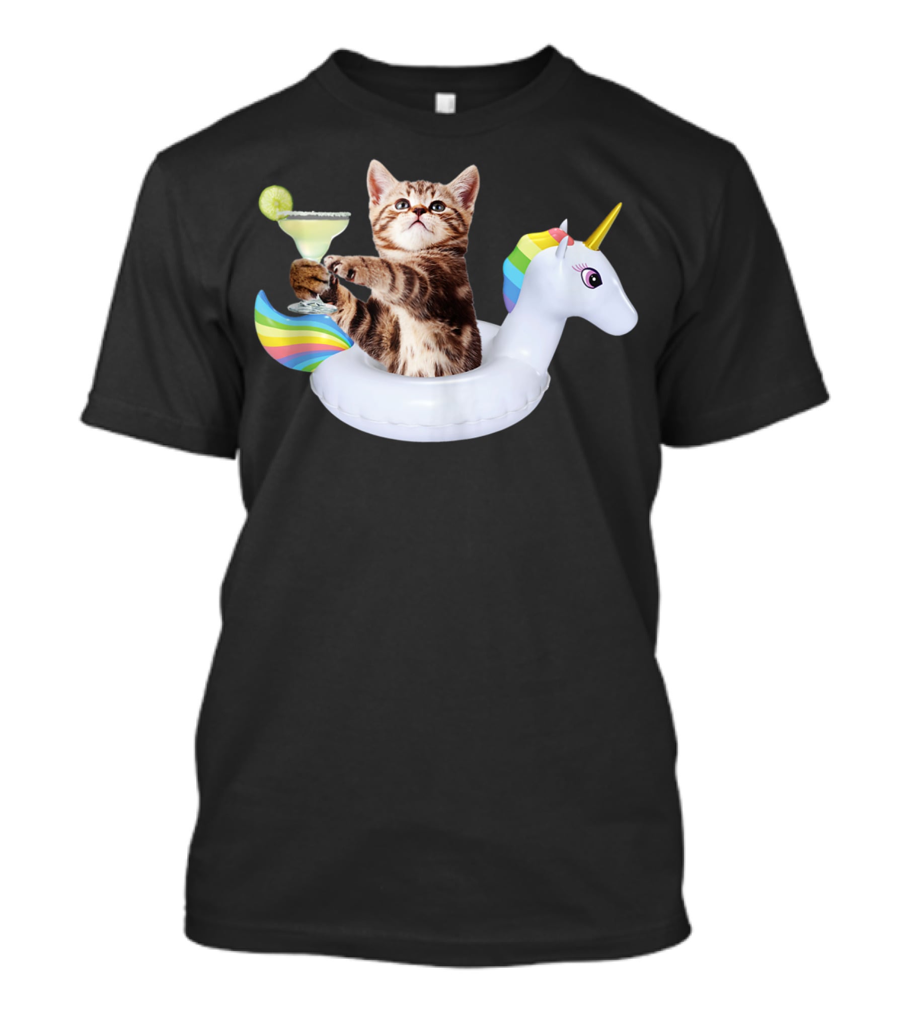 Kitty With Margarita On Rainbow Unicorn Float T-Shirt