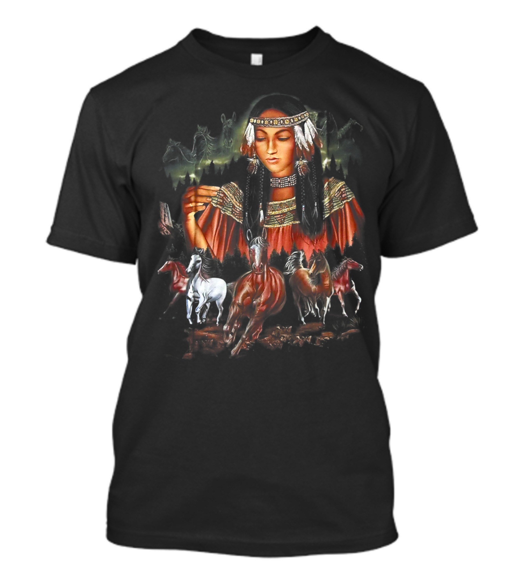 Native American Girl With Horses And Tribal Elements T-Shirt