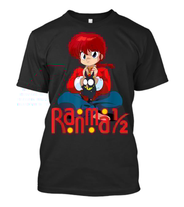Ranma 1/2 Classic Anime Character Sitting With Black Cat T-Shirt