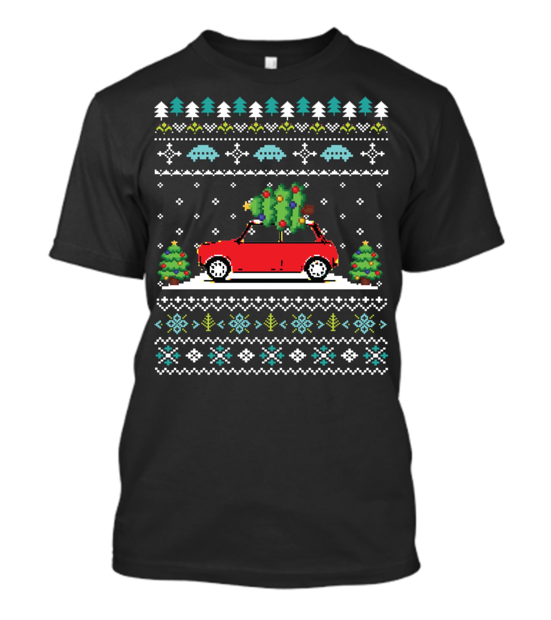Retro Red Car Christmas Tree Pixel Art Holiday T-Shirt