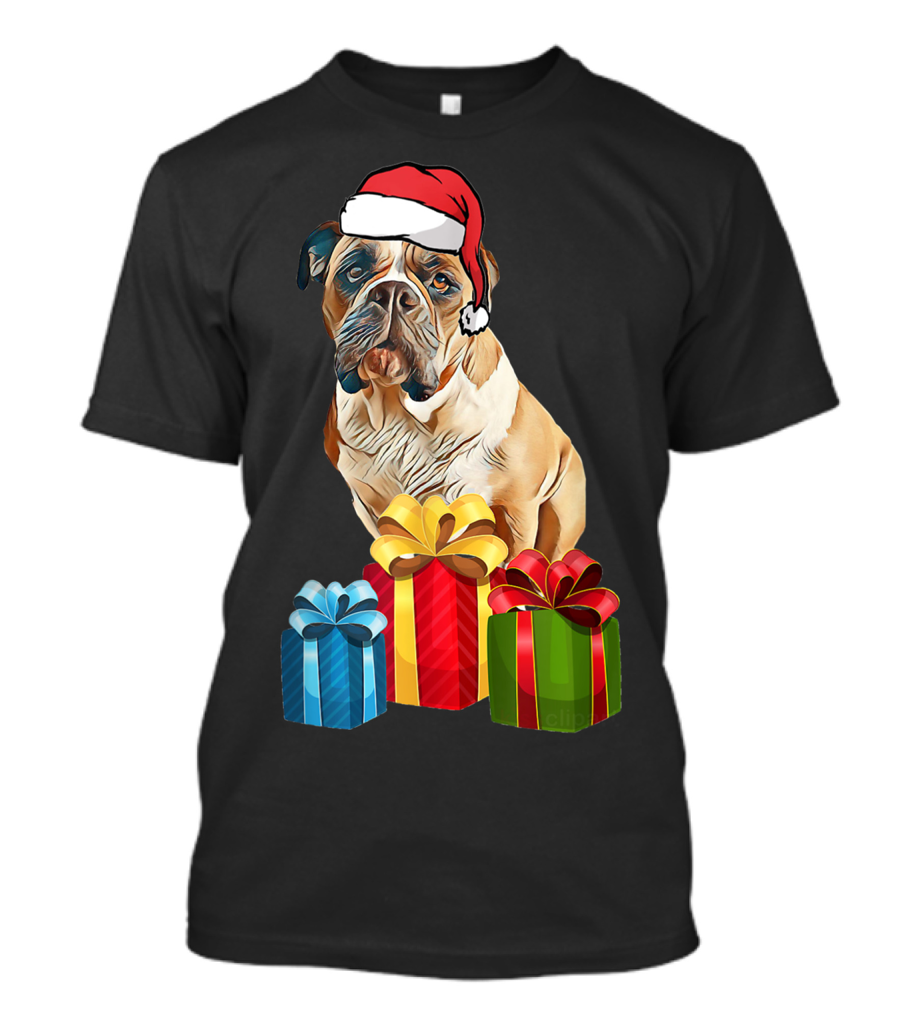 Bulldog With Santa Hat And Holiday Gifts T-Shirt