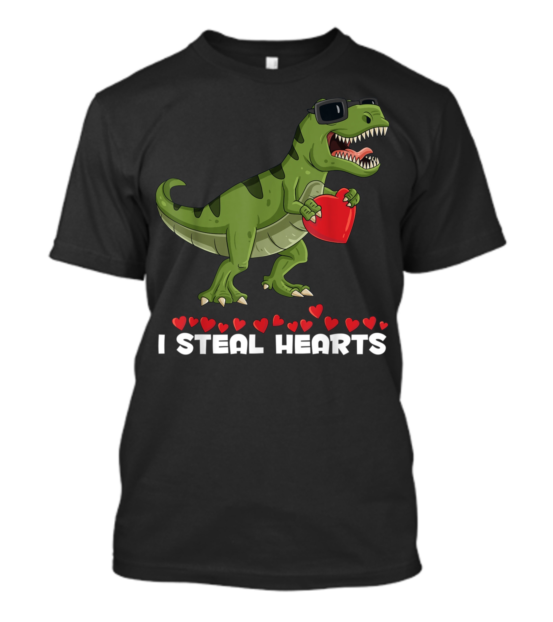 I Steal Hearts Dinosaur With Sunglasses Holding Red Heart Valentines Day T-Shirt