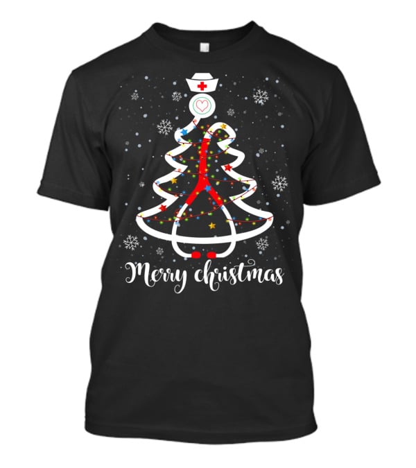 Merry Christmas Nurse Stethoscope Tree With Snowflakes And Stars T-Shirt