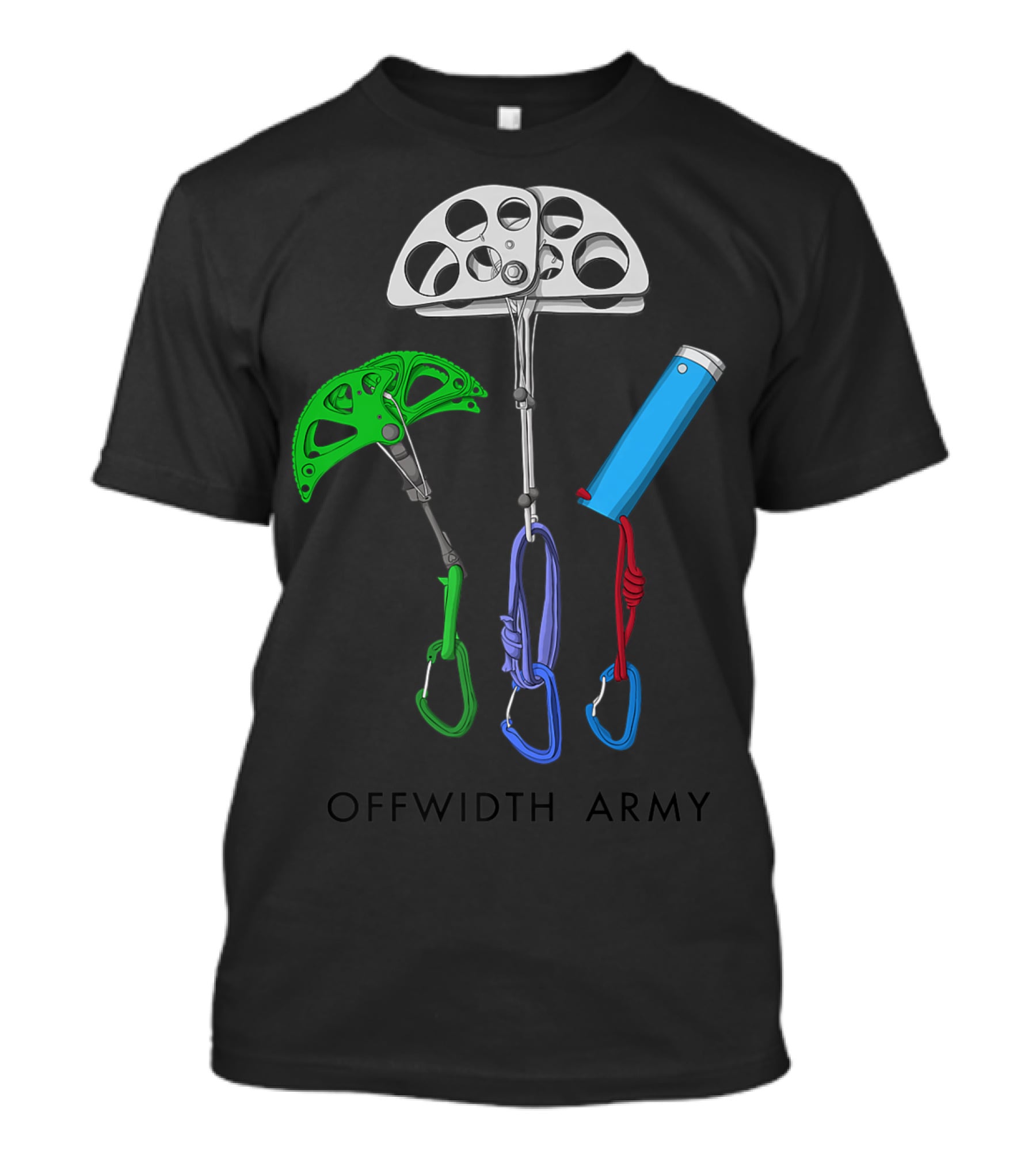 Offwidth Army Rock Climbing Gear Camming Devices And Nuts T-Shirt