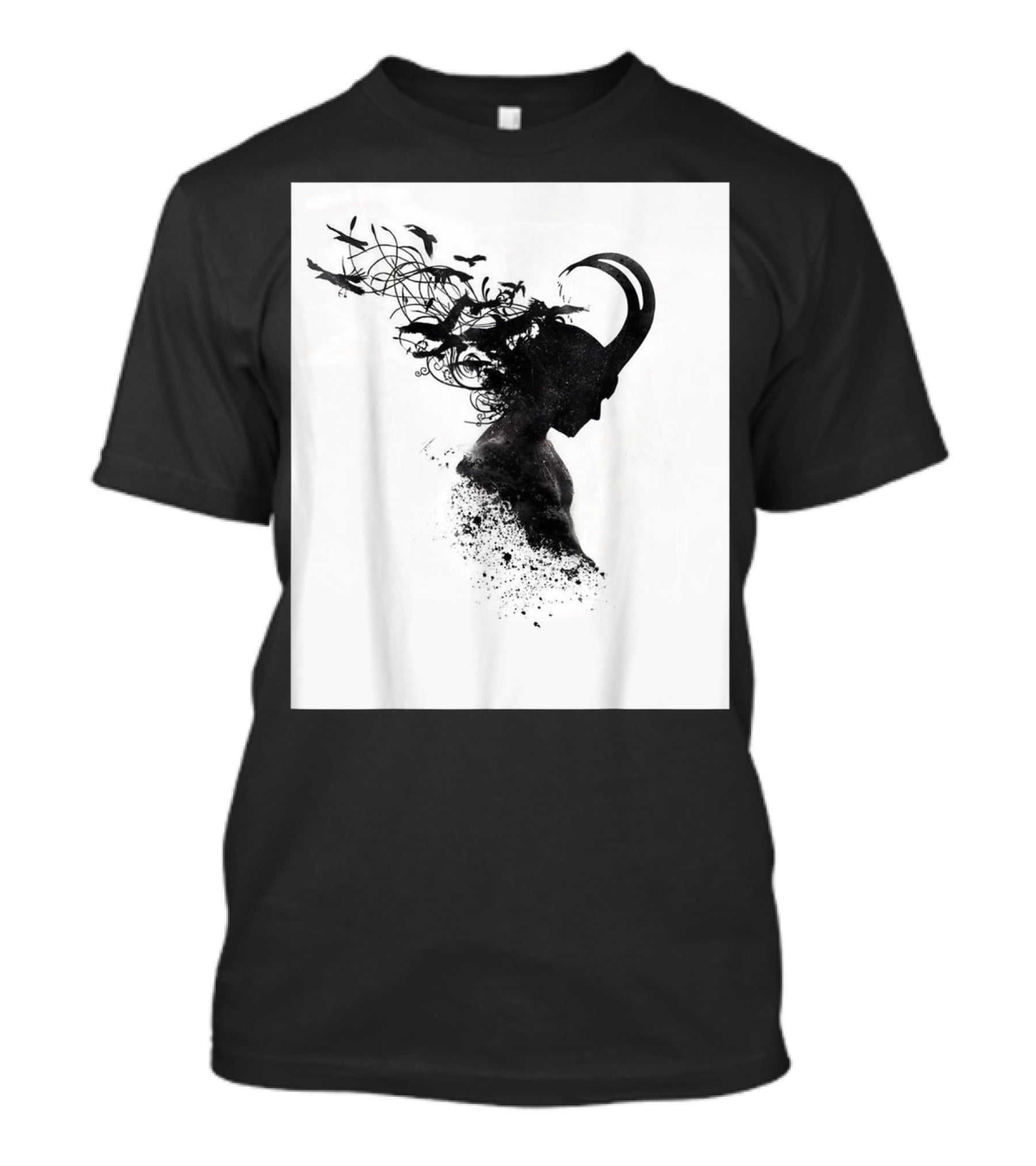 Loki Norse God Of Mischief Silhouette With Birds And Horns T-Shirt