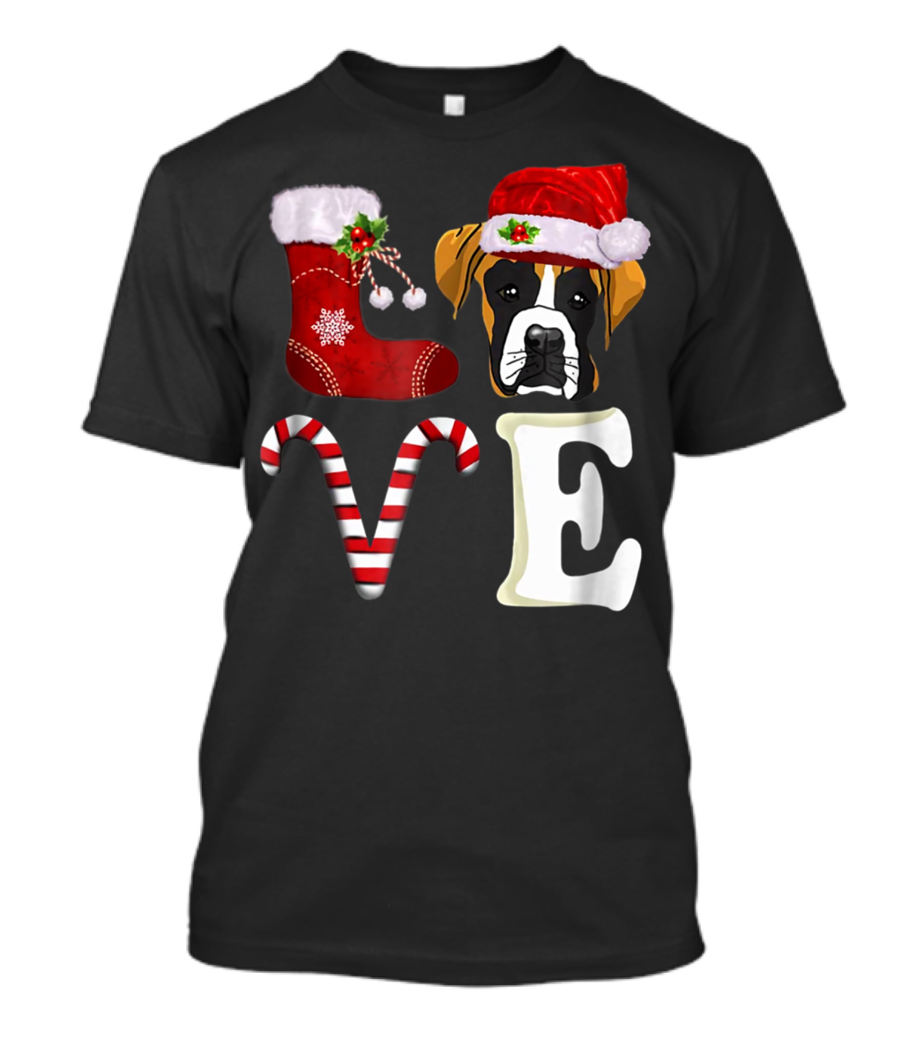 Boxer Dog Love Christmas Light With Santa Hat And Candy Cane T-Shirt