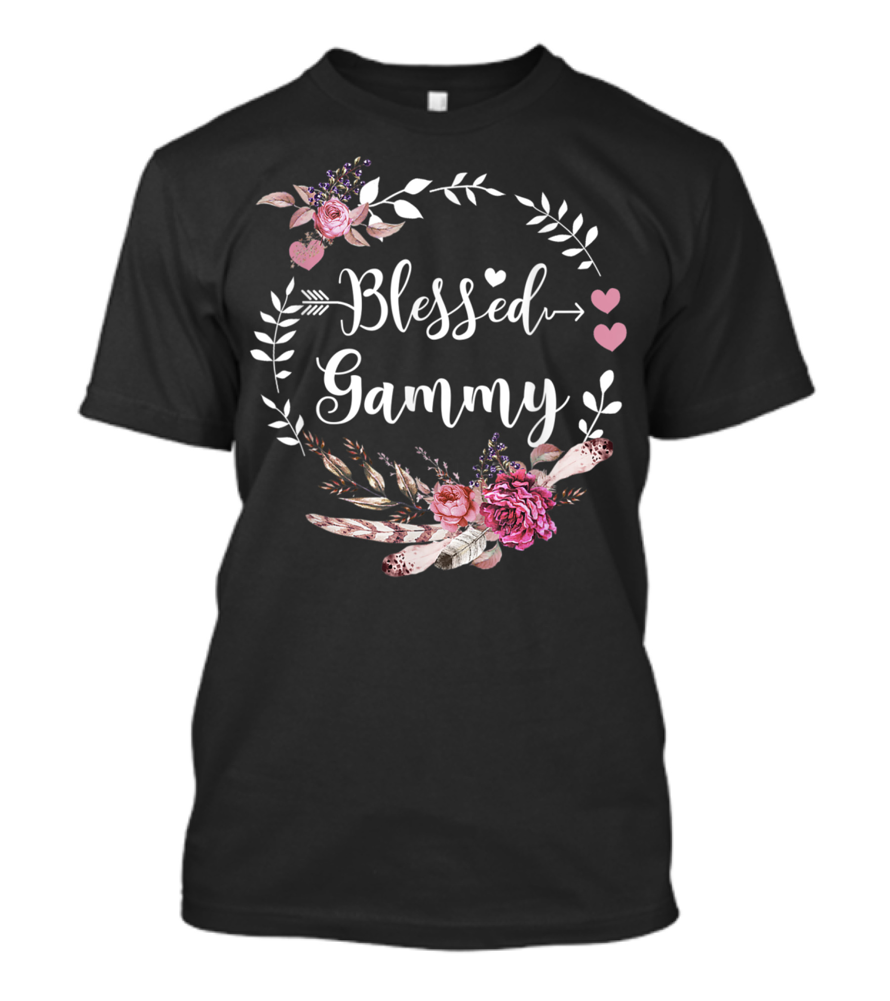 Blessed Gammy Floral Wreath With Pink Hearts And Flowers T-Shirt